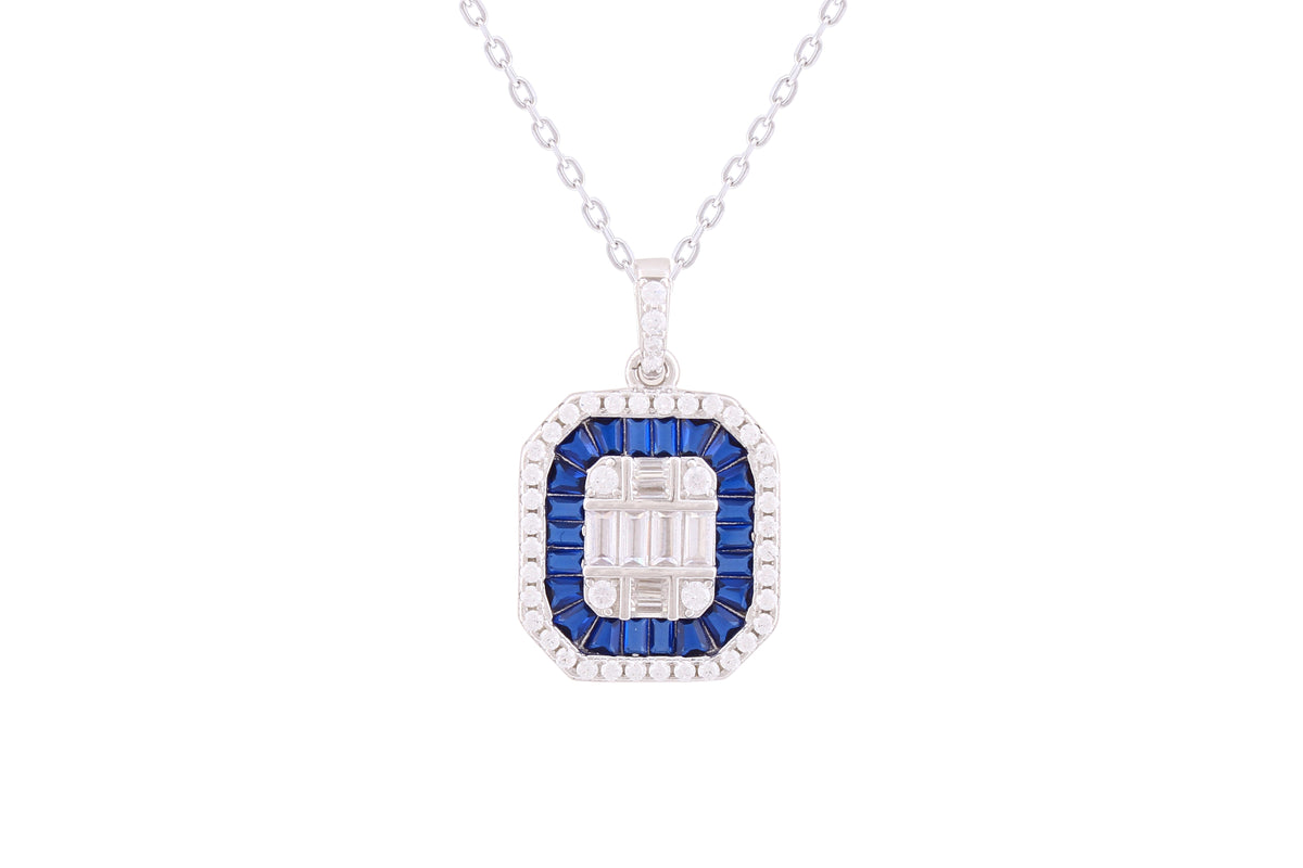 Asfour Crystal Chian Necklace Blue Art Deco Pendant In 925 Sterling Silver-ND0289-WB