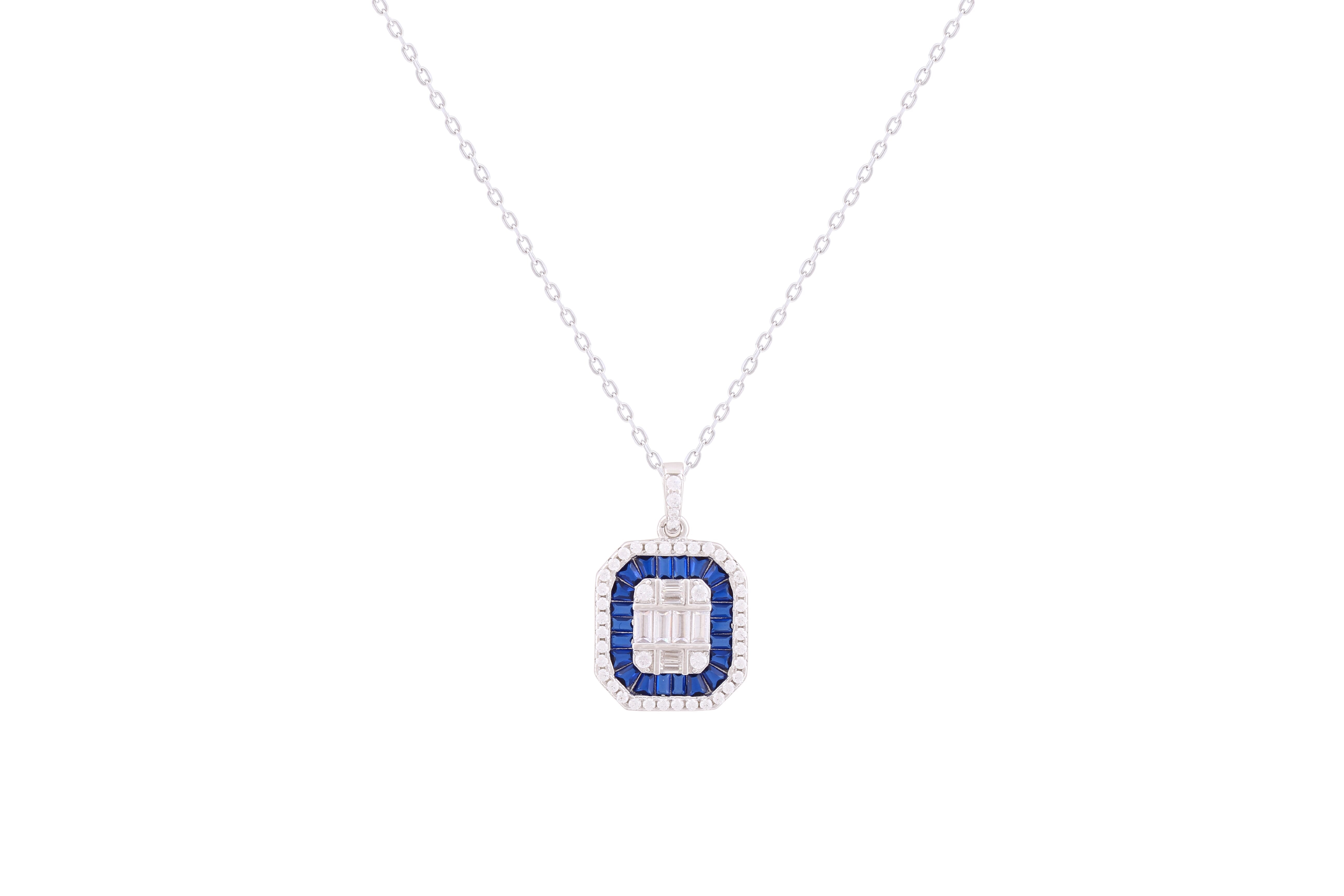 Asfour Crystal Chian Necklace Blue Art Deco Pendant In 925 Sterling Silver-ND0289-WB