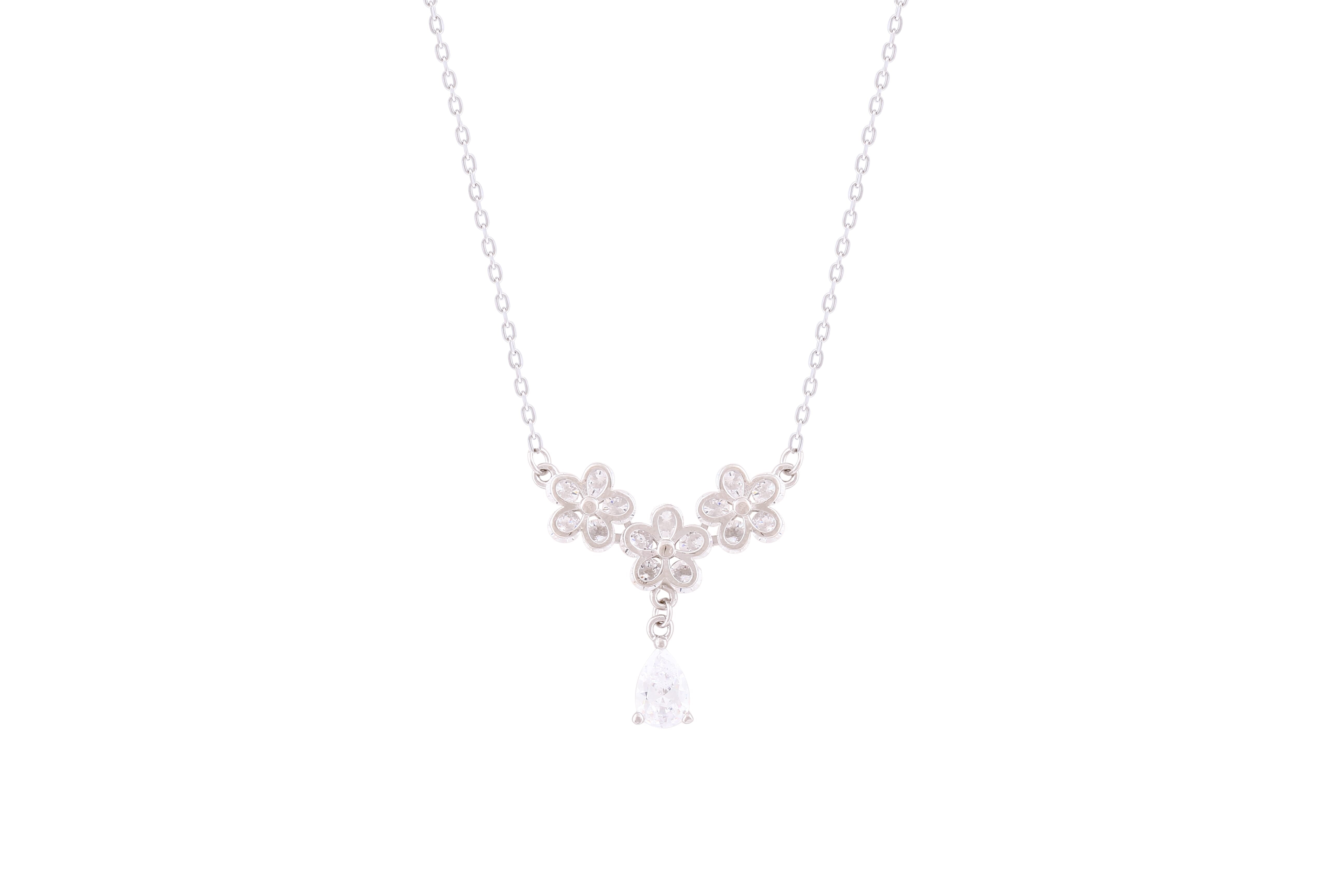 Asfour Crystal Chain Necklace With Floral Pendant In 925 Sterling Silver-ND0290