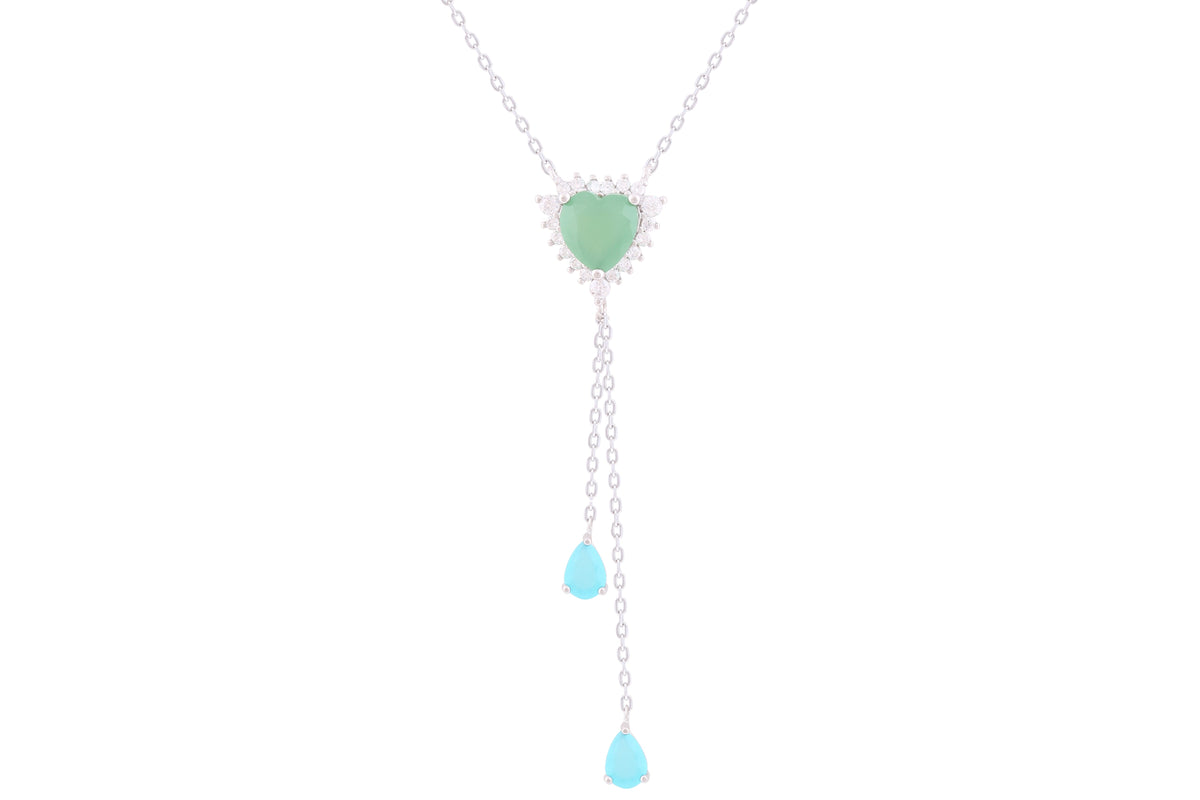 Asfour Crystal Chain Necklace With Emerald Heart & Pear Drop Pendant In 925 Sterling Silver-ND0292-GM-M