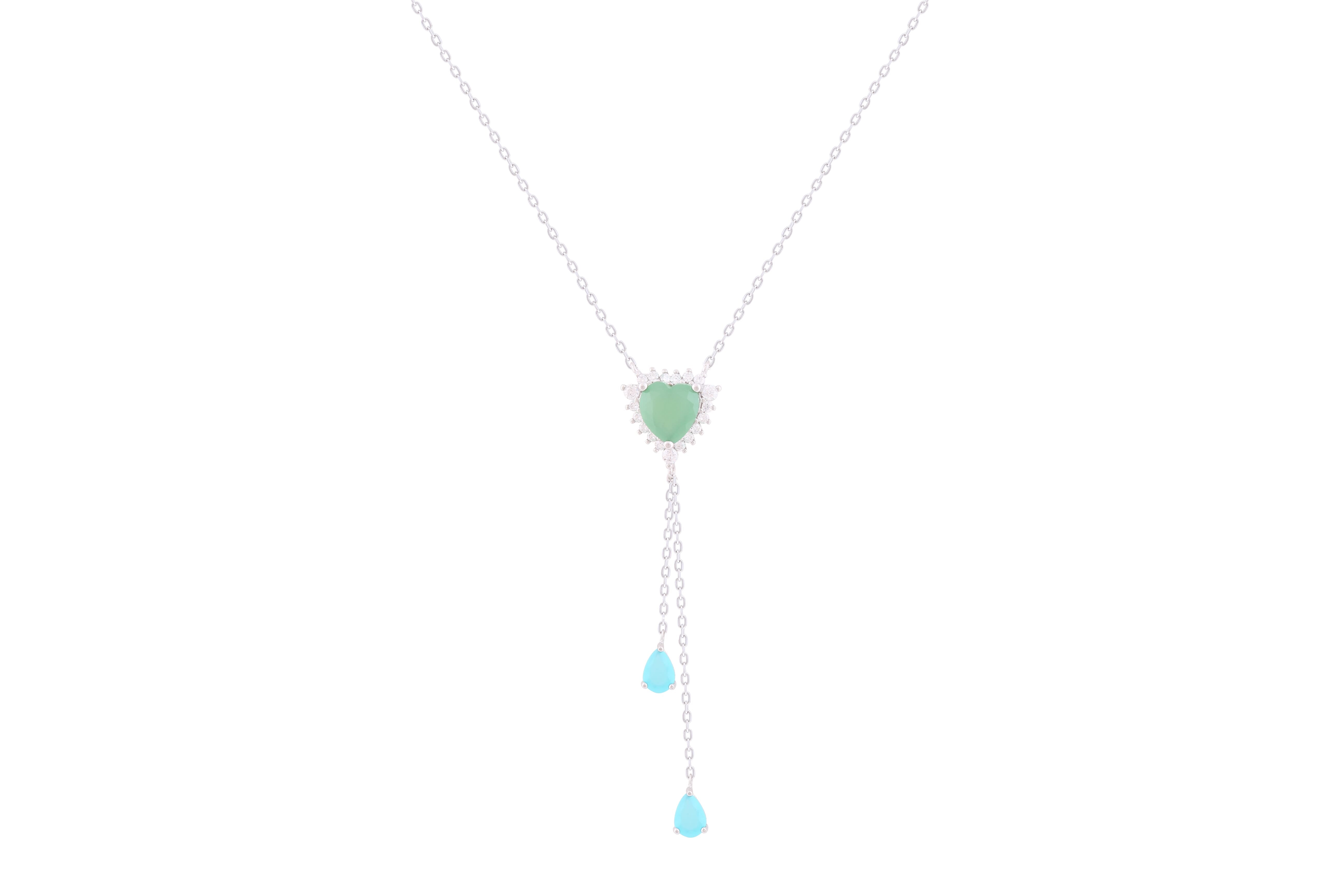 Asfour Crystal Chain Necklace With Emerald Heart & Pear Drop Pendant In 925 Sterling Silver-ND0292-GM-M