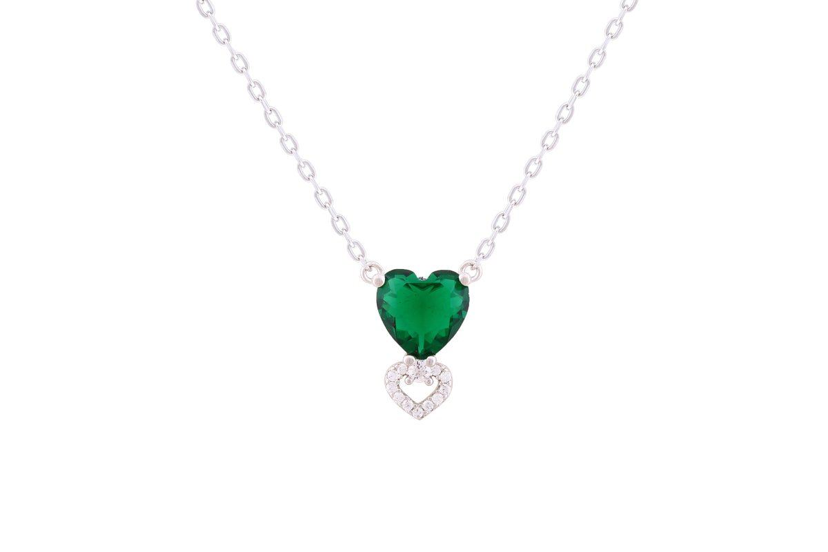 Asfour Crystal Chain Necklace With Emerald Zircon Heart Pendant In 925 Sterling Silver-ND0293-G