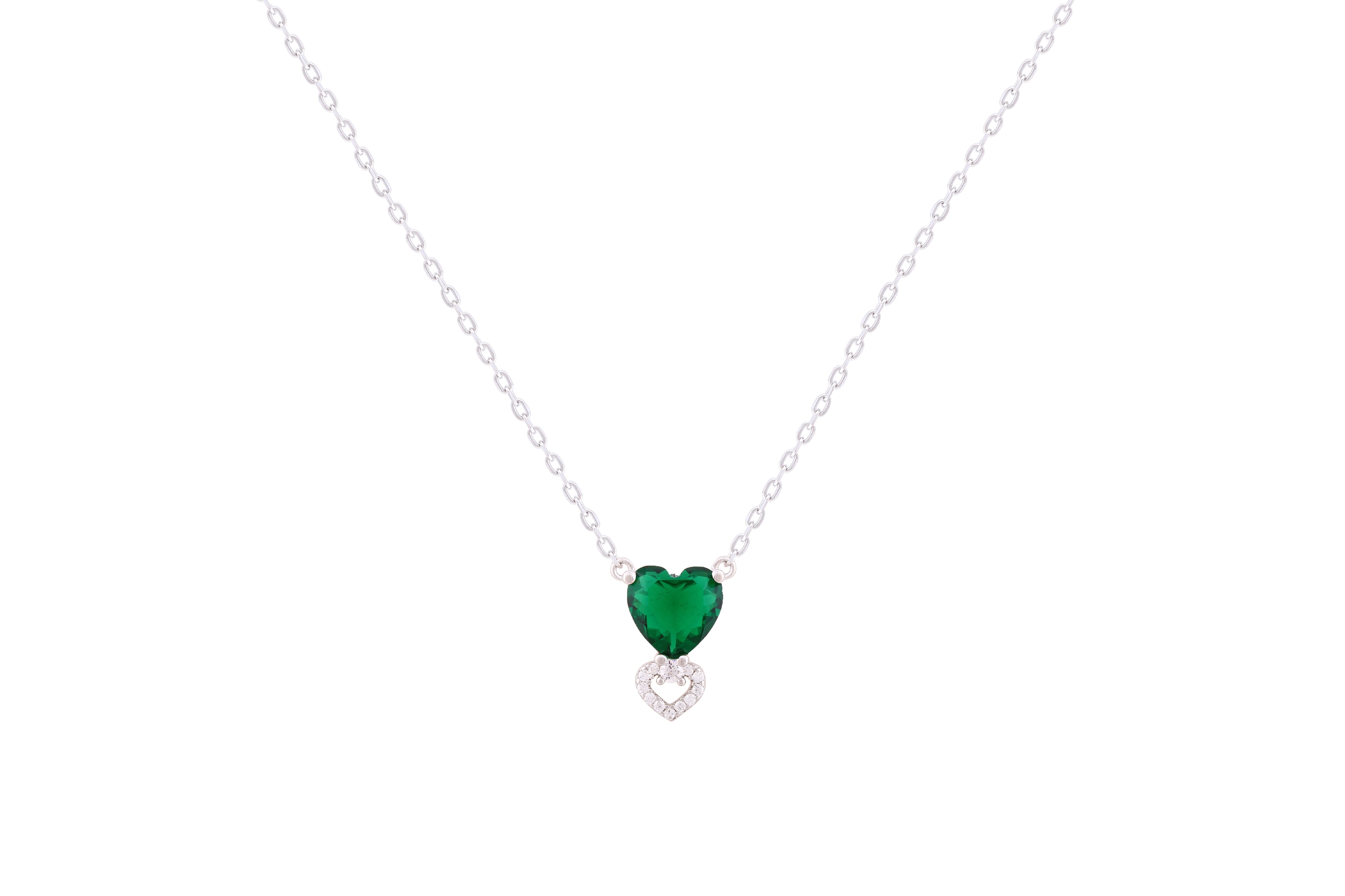 Asfour Crystal Chain Necklace With Emerald Zircon Heart Pendant In 925 Sterling Silver-ND0293-G