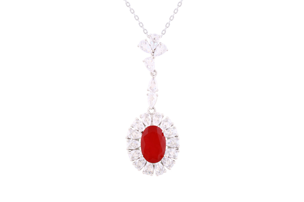 Asfour Crystal Chain Necklace With Fuchsia Oval Cut Halo Pendant In 925 Sterling Silver-ND0294-WF