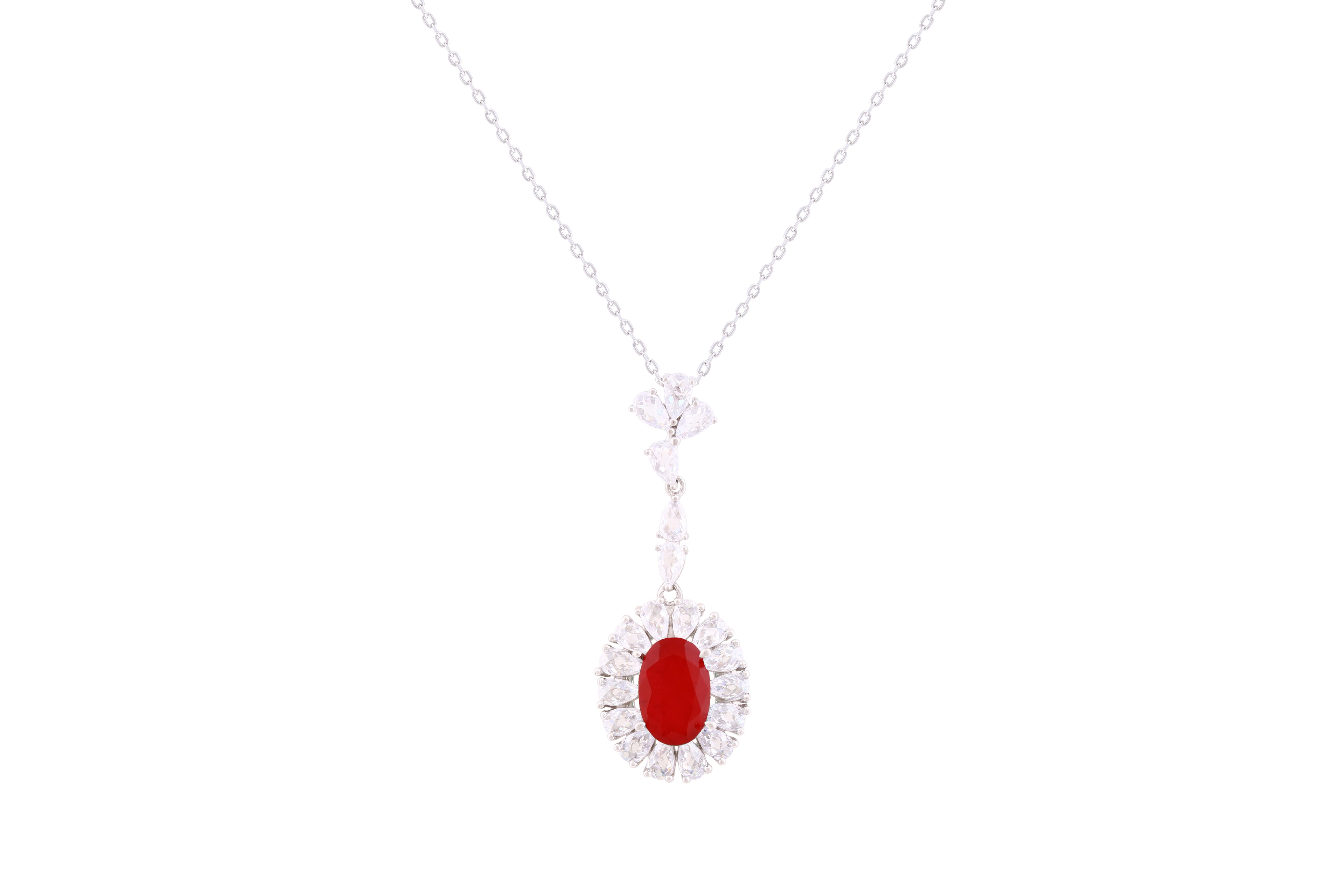 Asfour Crystal Chain Necklace With Fuchsia Oval Cut Halo Pendant In 925 Sterling Silver-ND0294-WF