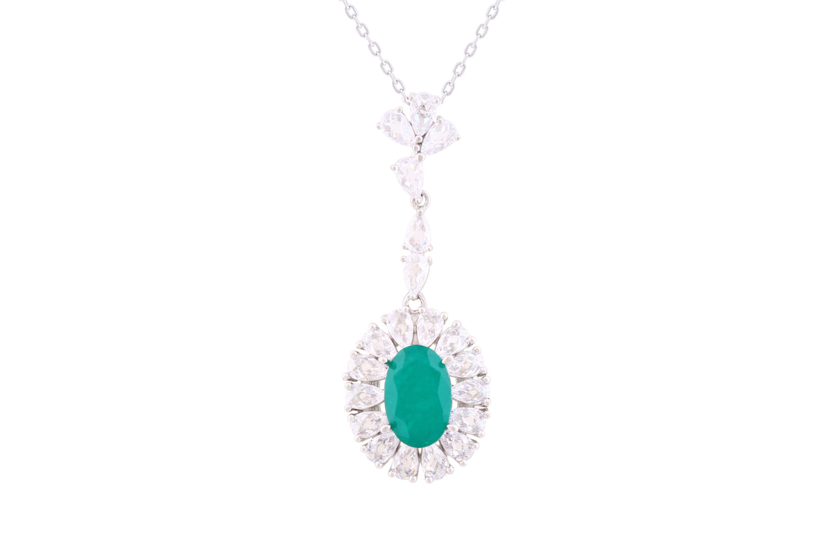 Asfour Crystal Chain Necklace With Emerald Oval Cut Halo Pendant In 925 Sterling Silver-ND0294-WG