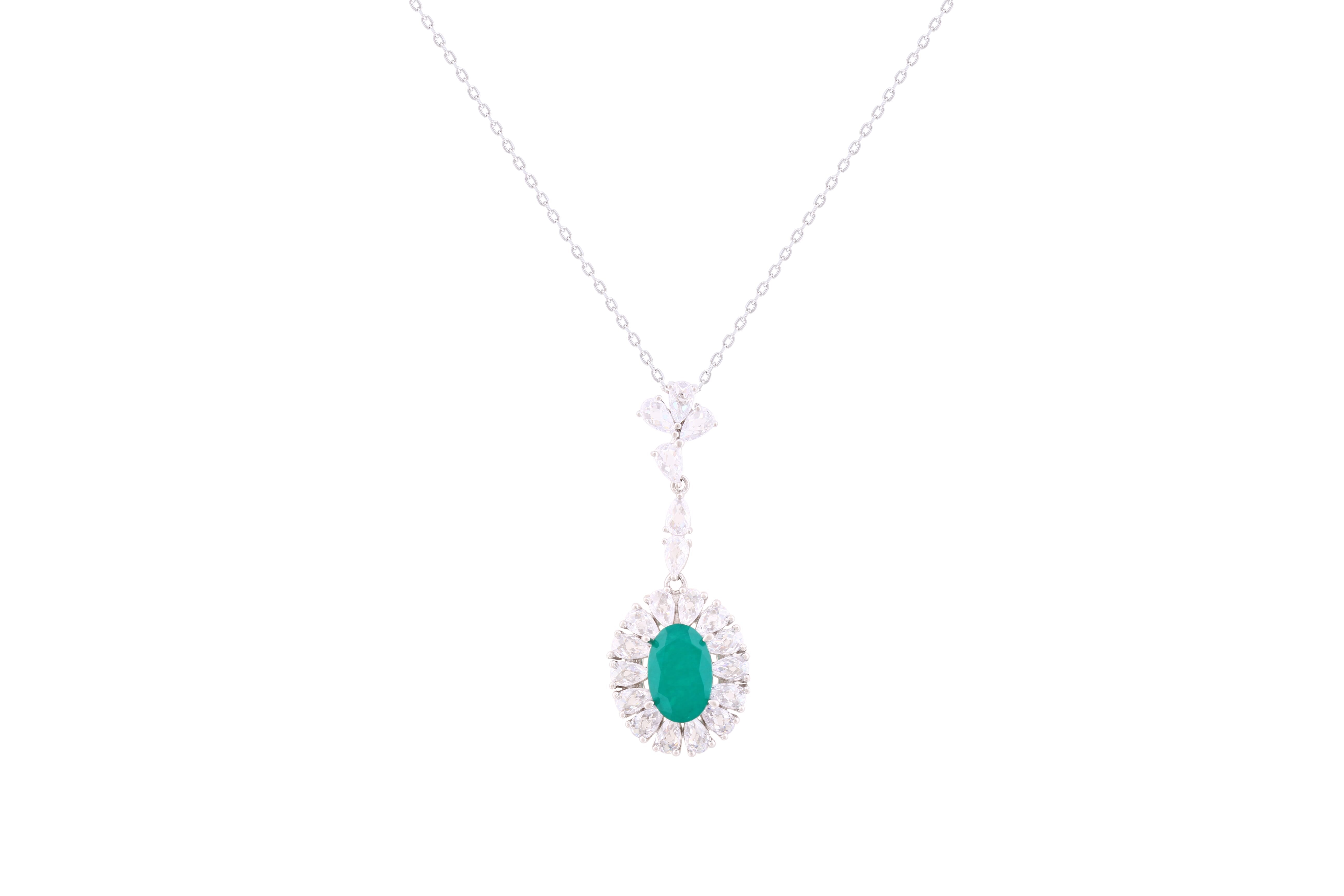 Asfour Crystal Chain Necklace With Emerald Oval Cut Halo Pendant In 925 Sterling Silver-ND0294-WG