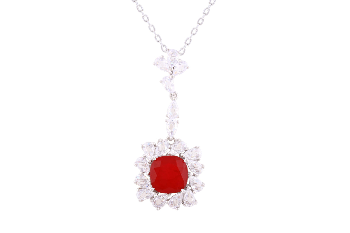 Asfour Crystal Chain Necklace With Fuchsia Square Halo Pendant In 925 Sterling Silver-ND0295-WF