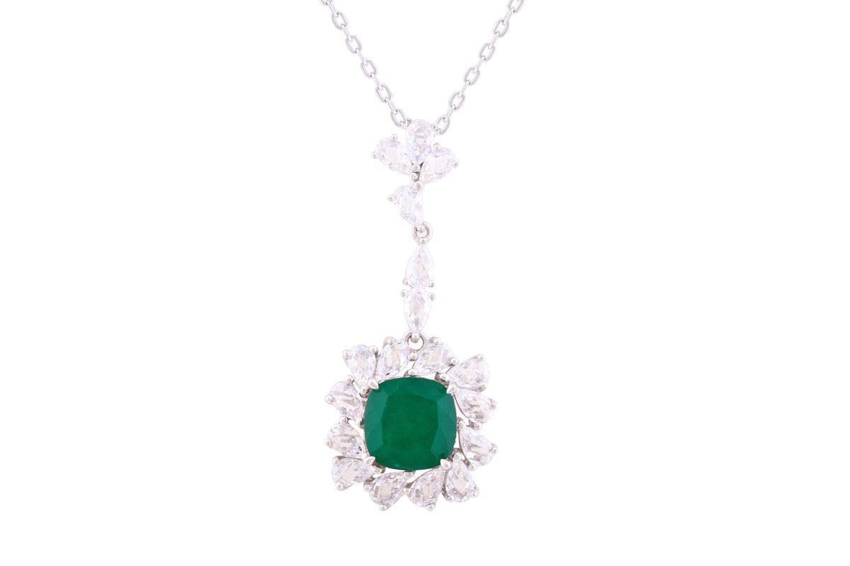 Asfour Crystal Chain Necklace With Emerald Square Halo Pendant In 925 Sterling Silver-ND0295-WG