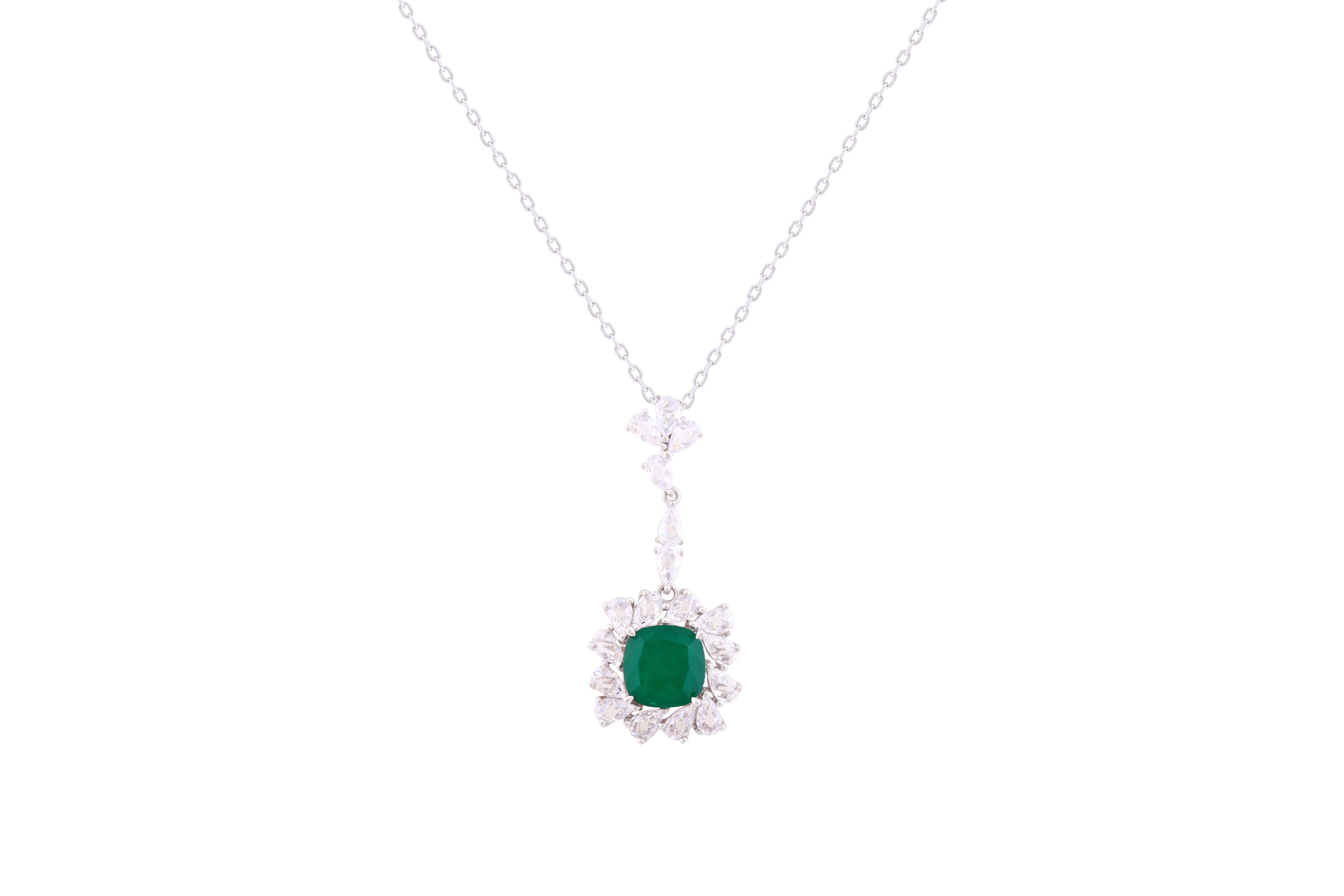 Asfour Crystal Chain Necklace With Emerald Square Halo Pendant In 925 Sterling Silver-ND0295-WG