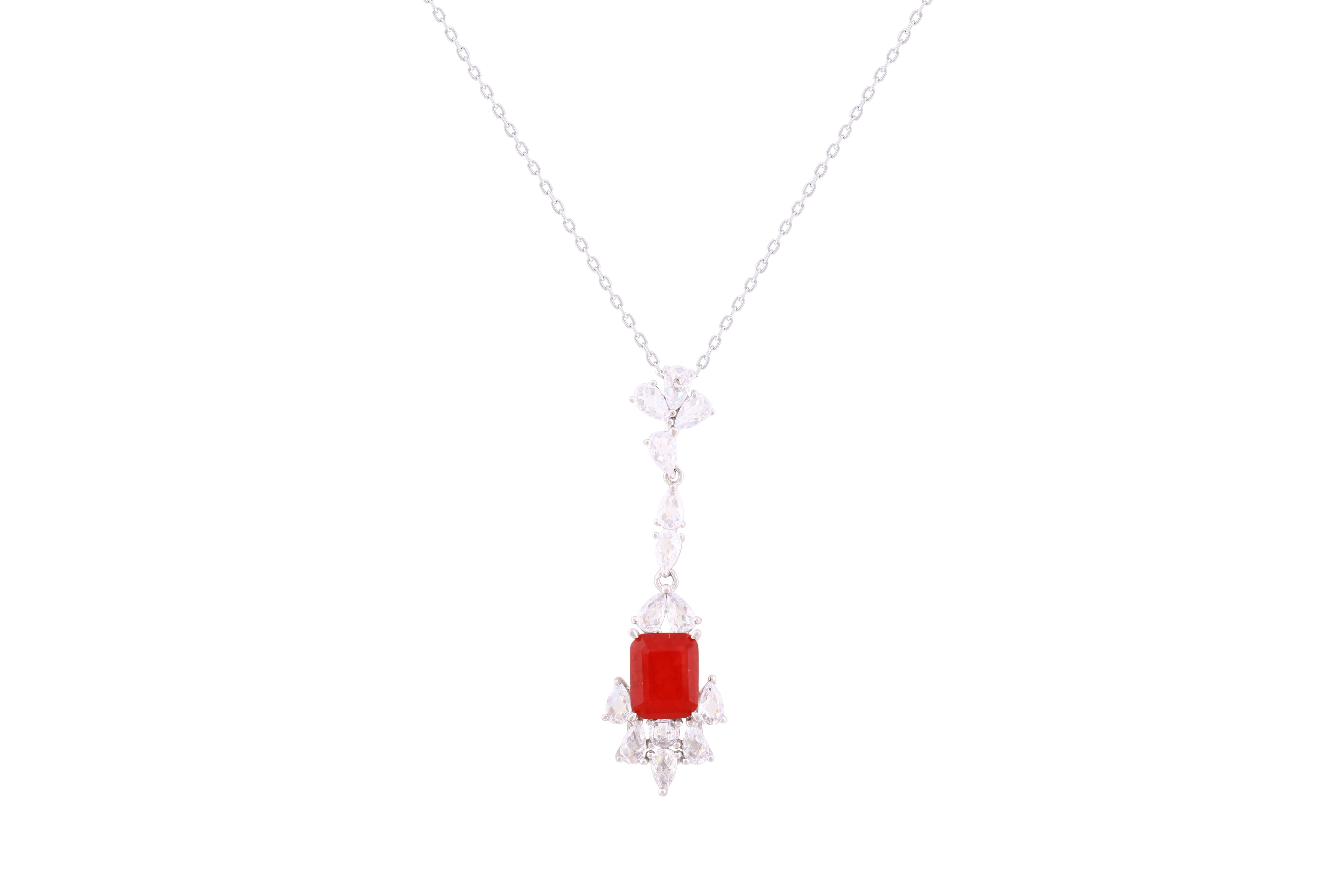 Asfour Crystal Chain Necklace With Fuchsia Decorative Pendant In 925 Sterling Silver-ND0296-WF