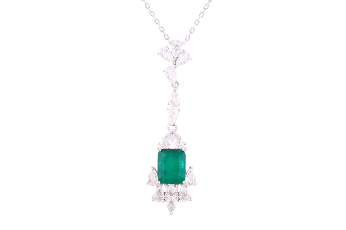 Asfour Crystal Chain Necklace With Emerald Decorative Pendant In 925 Sterling Silver-ND0296-WG