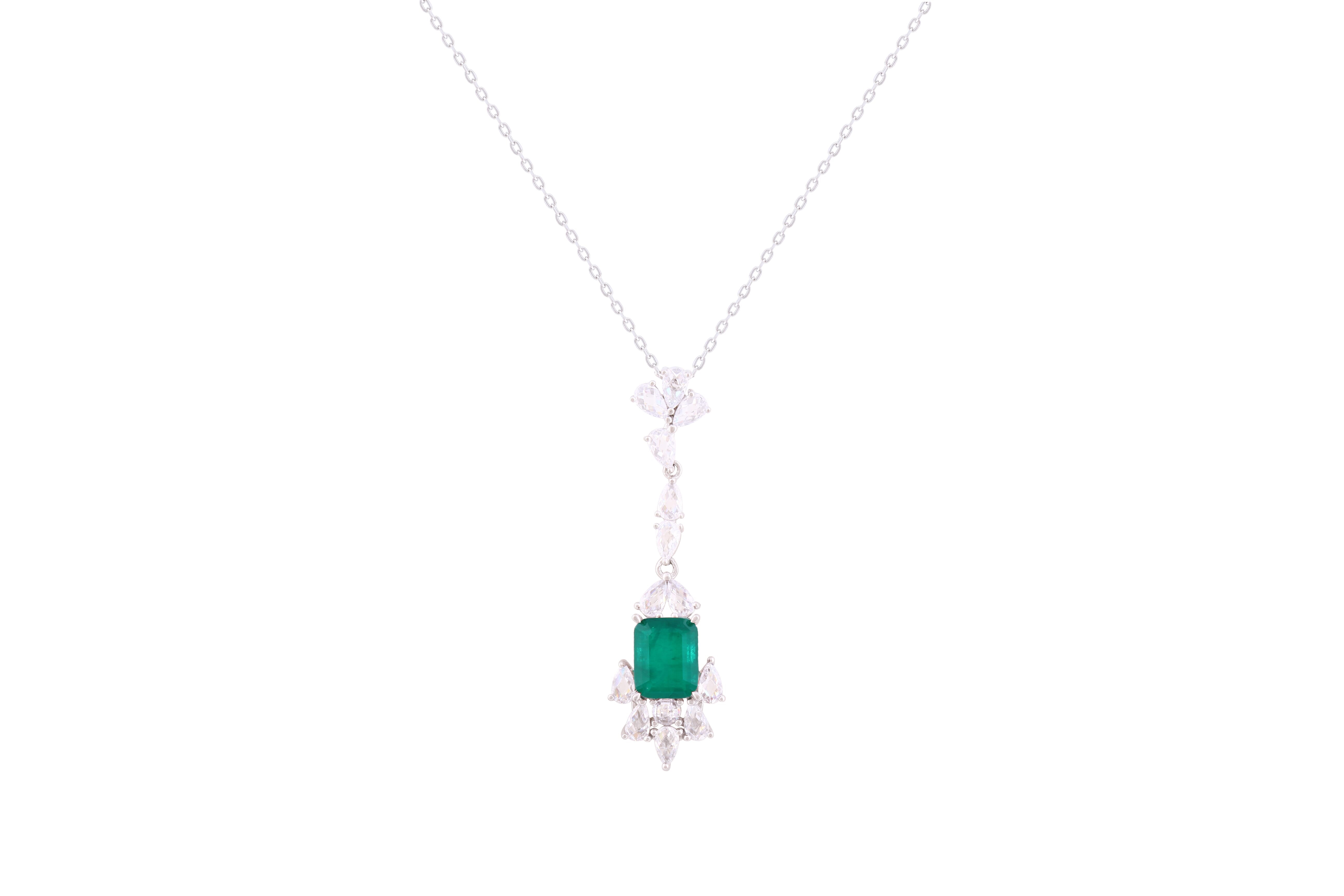 Asfour Crystal Chain Necklace With Emerald Decorative Pendant In 925 Sterling Silver-ND0296-WG