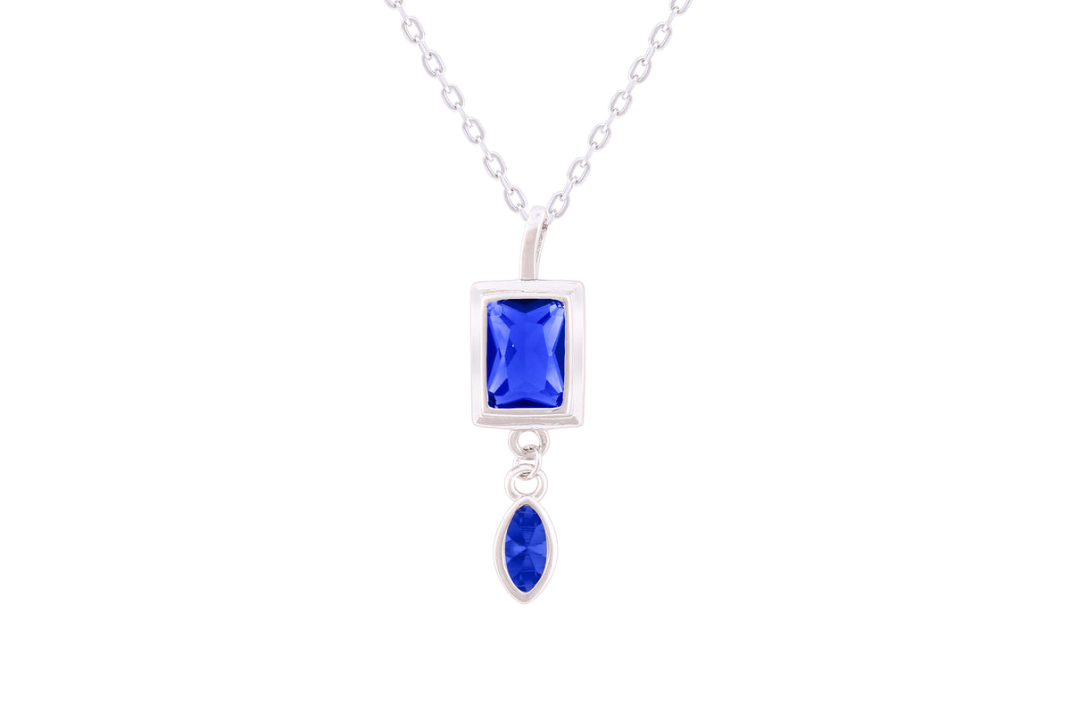 Asfour Crystal Chian Necklace With Blue Emerald Zircon Pendant In 925 Sterling Silver-ND0297-B