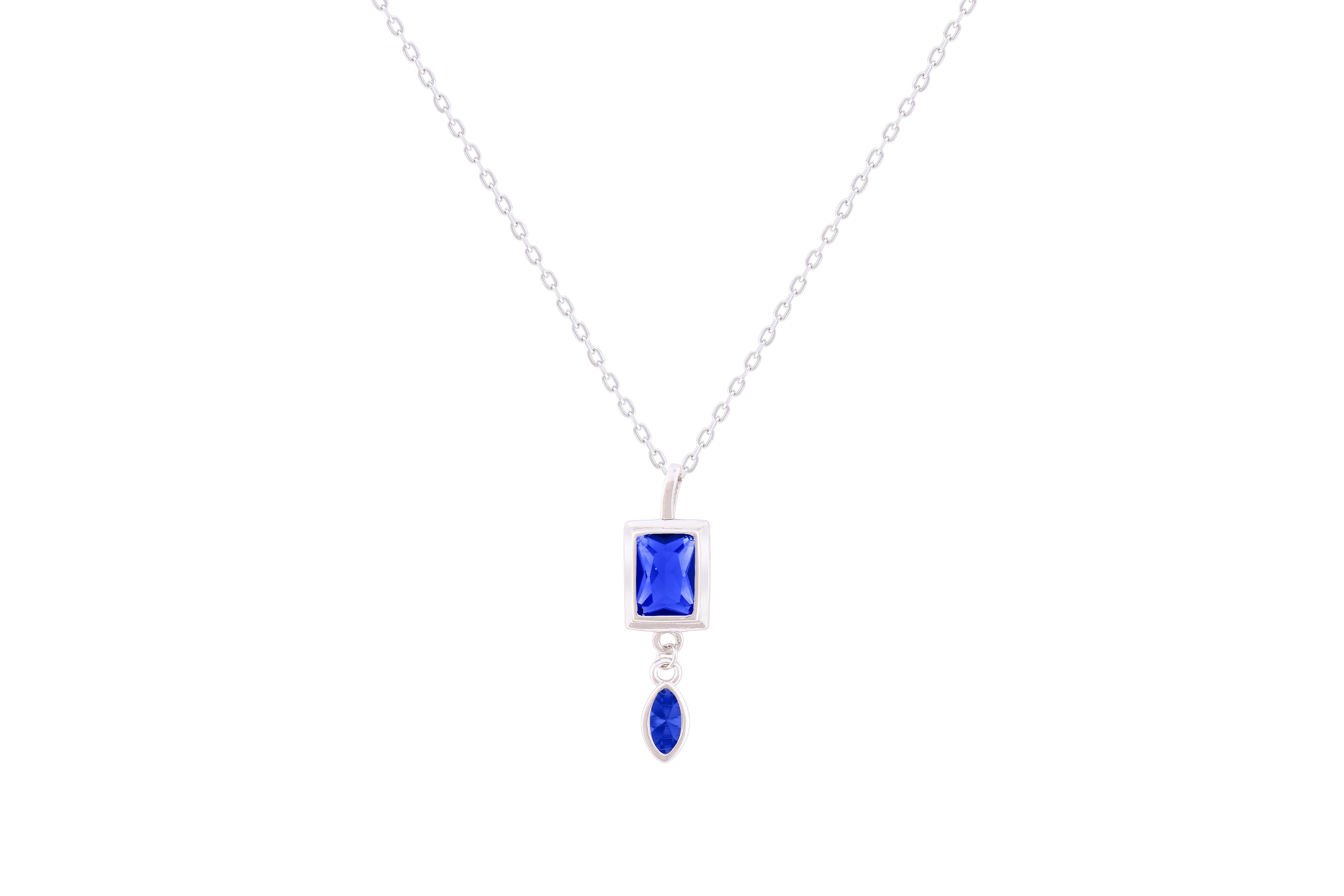 Asfour Crystal Chian Necklace With Blue Emerald Zircon Pendant In 925 Sterling Silver-ND0297-B