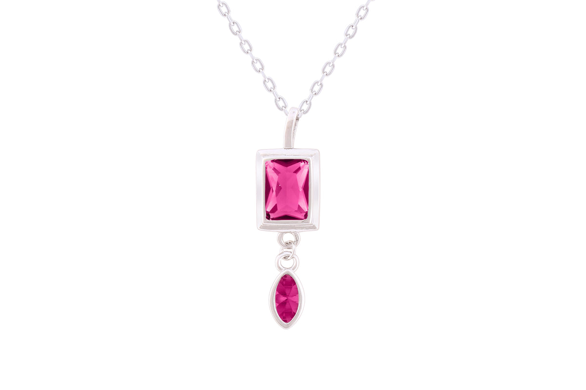 Asfour Crystal Chian Necklace With Fuchsia Emerald Cut Zircon Pendant In 925 Sterling Silver-ND0297-F