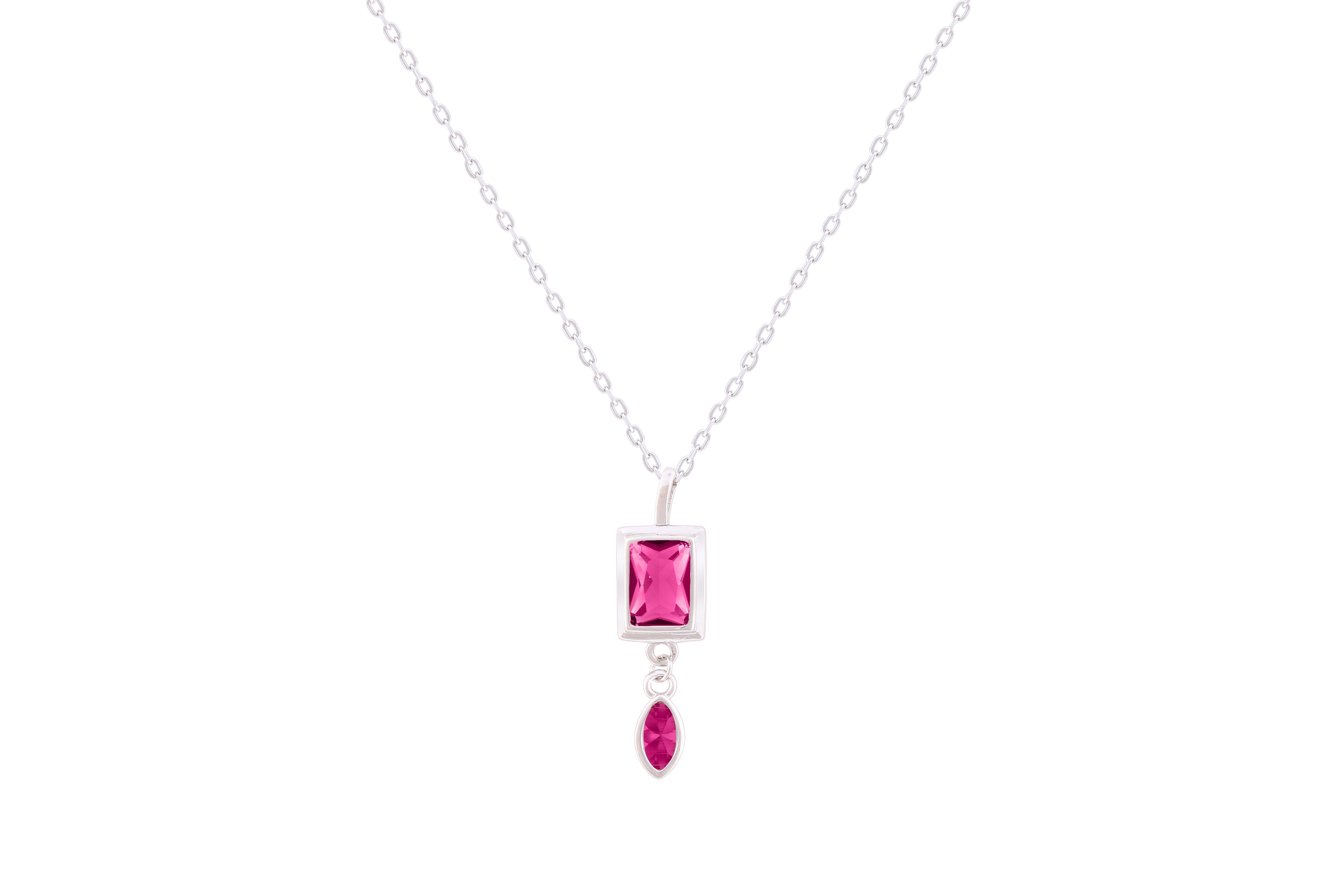 Asfour Crystal Chian Necklace With Fuchsia Emerald Cut Zircon Pendant In 925 Sterling Silver-ND0297-F