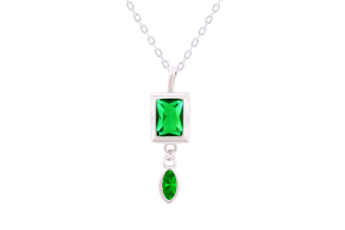 Asfour Crystal Chian Necklace With Emerald Zircon Pendant In 925 Sterling Silver-ND0297-G