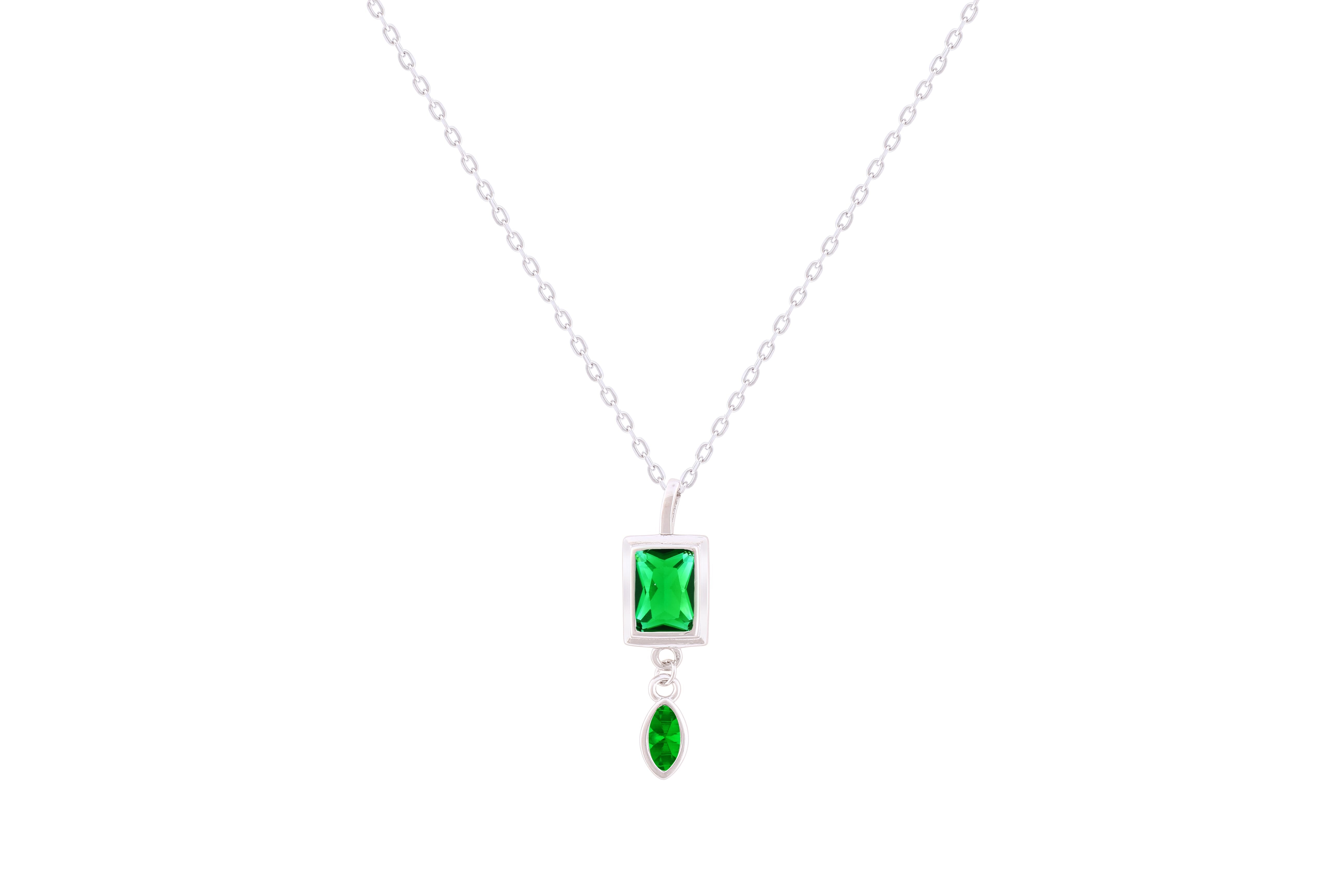 Asfour Crystal Chian Necklace With Emerald Zircon Pendant In 925 Sterling Silver-ND0297-G