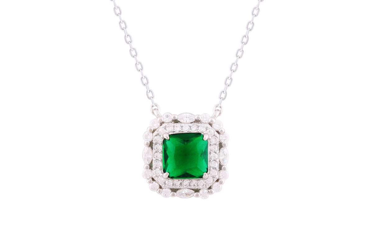 Asfour Crystal Chain Necklace With Emerald Square Pendant In 925 Sterling Silver-ND0298-WG