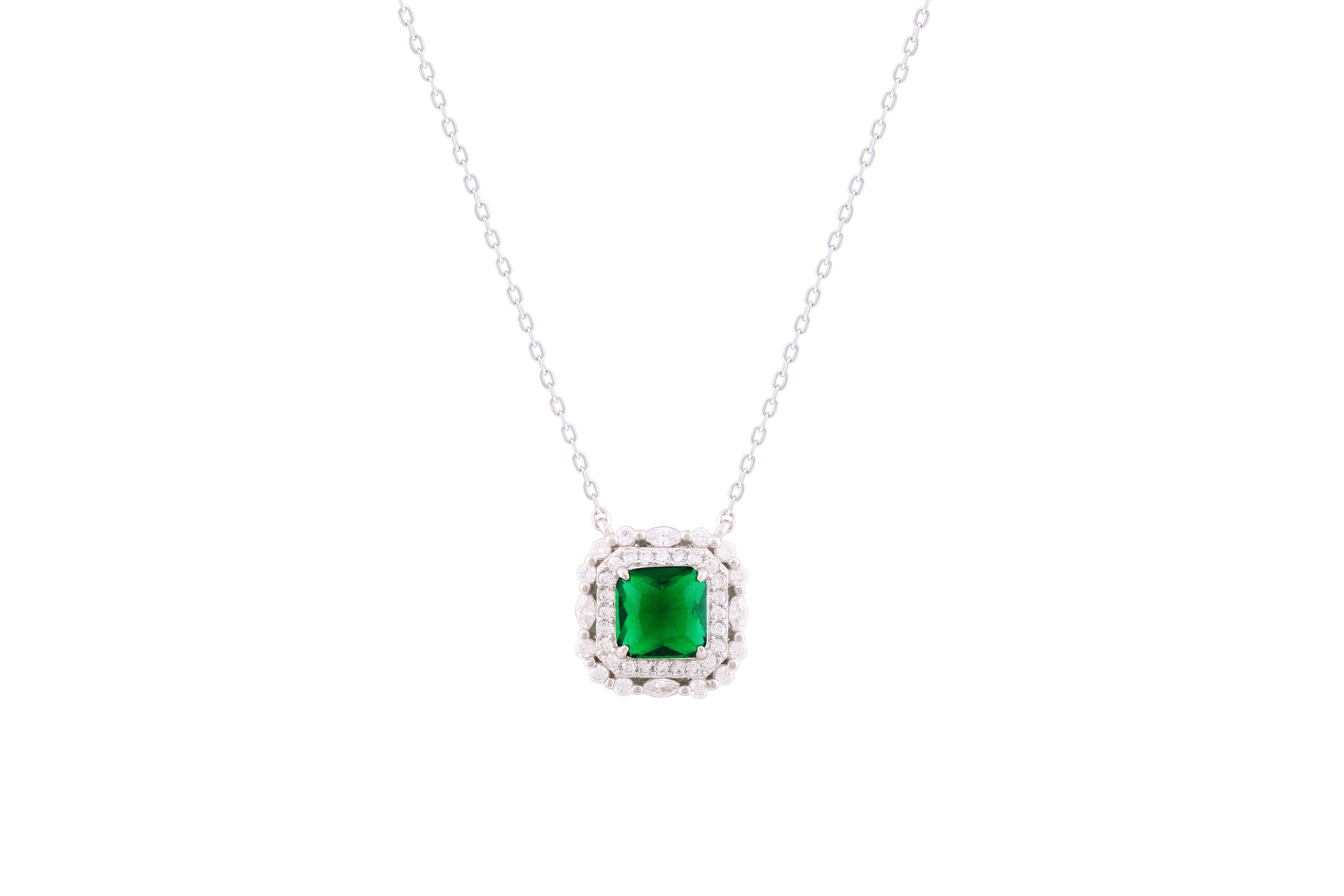 Asfour Crystal Chain Necklace With Emerald Square Pendant In 925 Sterling Silver-ND0298-WG