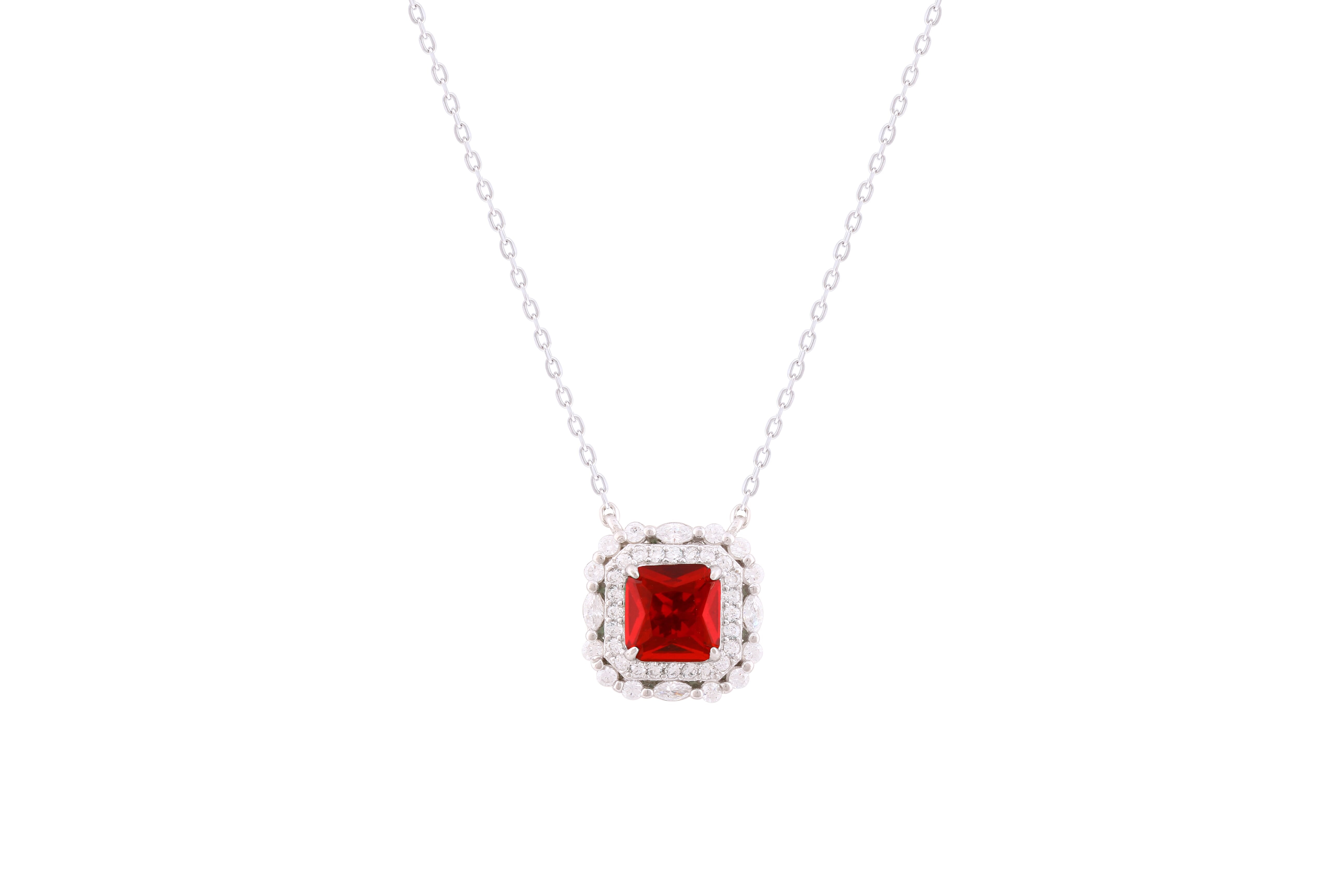 Asfour Crystal Chain Necklace With Ruby Square Pendant In 925 Sterling Silver-ND0298-WR