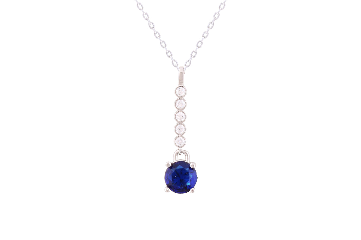 Asfour Crystal Chain Necklace With Blue Round Zircon Pendant In 925 Sterling Silver-ND0299-B