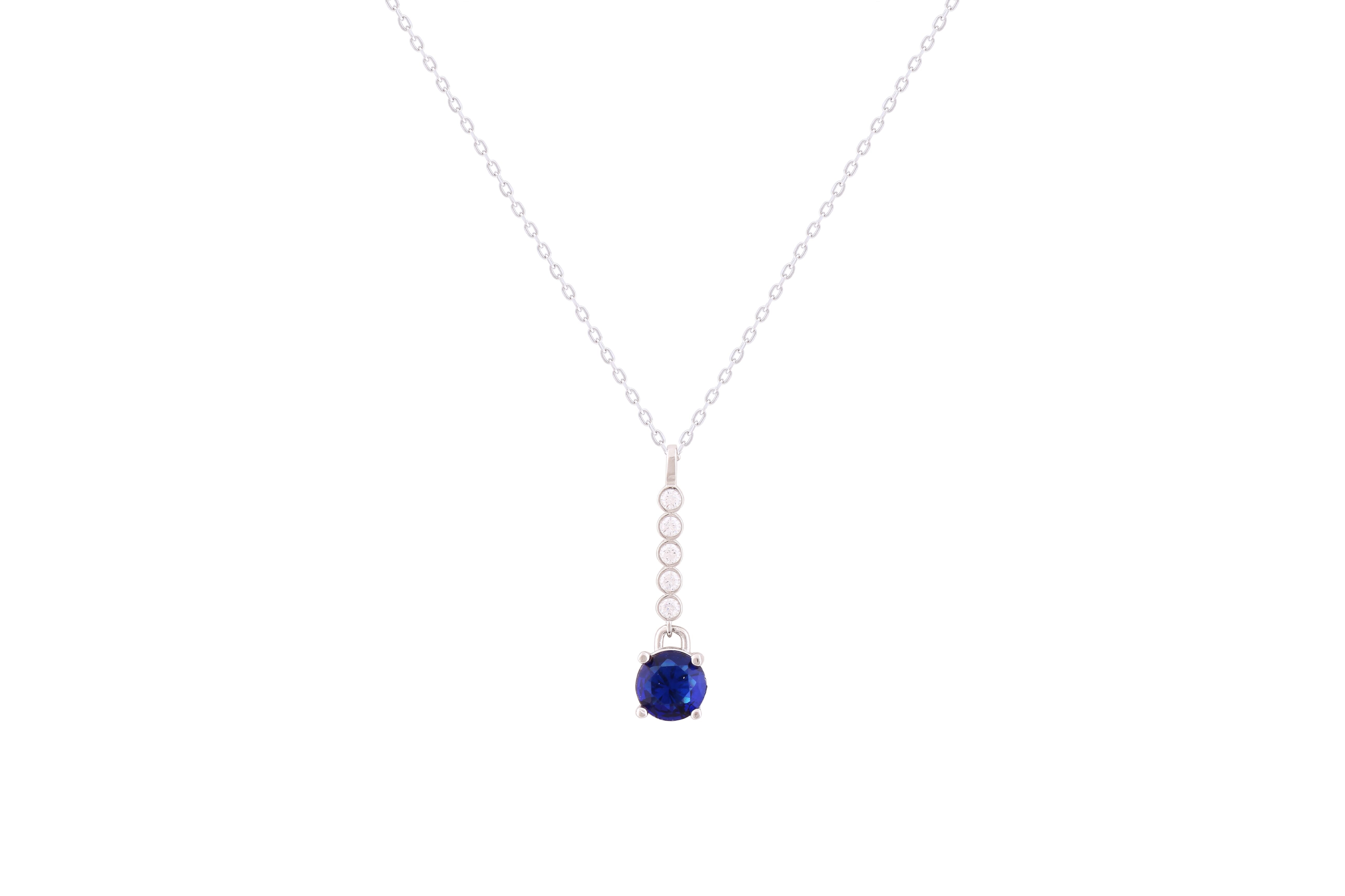 Asfour Crystal Chain Necklace With Blue Round Zircon Pendant In 925 Sterling Silver-ND0299-B