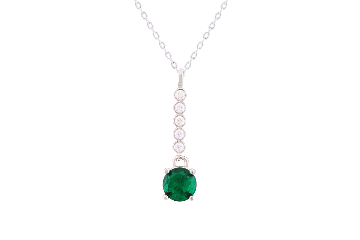 Asfour Crystal Chain Necklace With Emerald Round Zircon Pendant In 925 Sterling Silver-ND0299-G