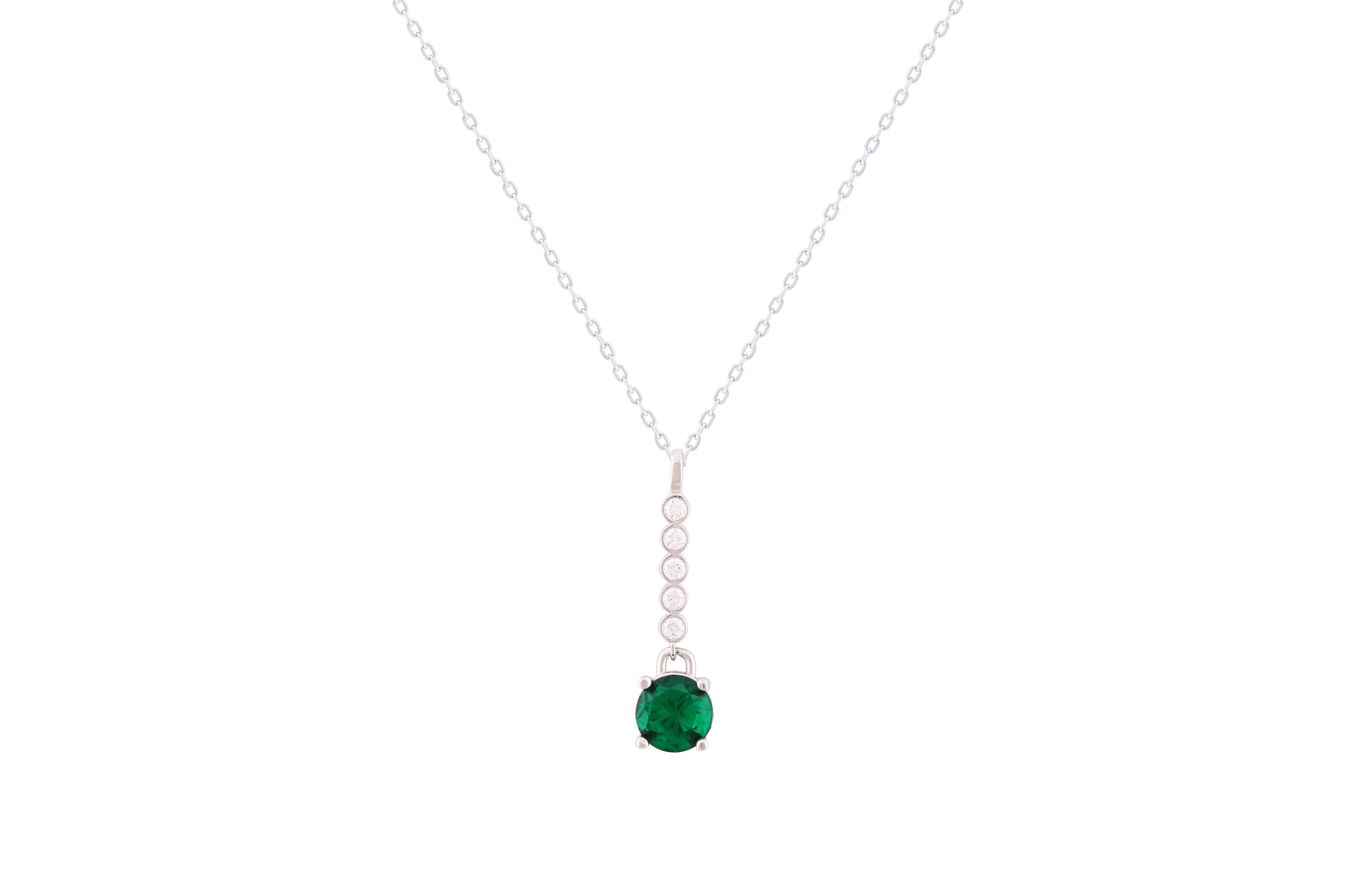 Asfour Crystal Chain Necklace With Emerald Round Zircon Pendant In 925 Sterling Silver-ND0299-G