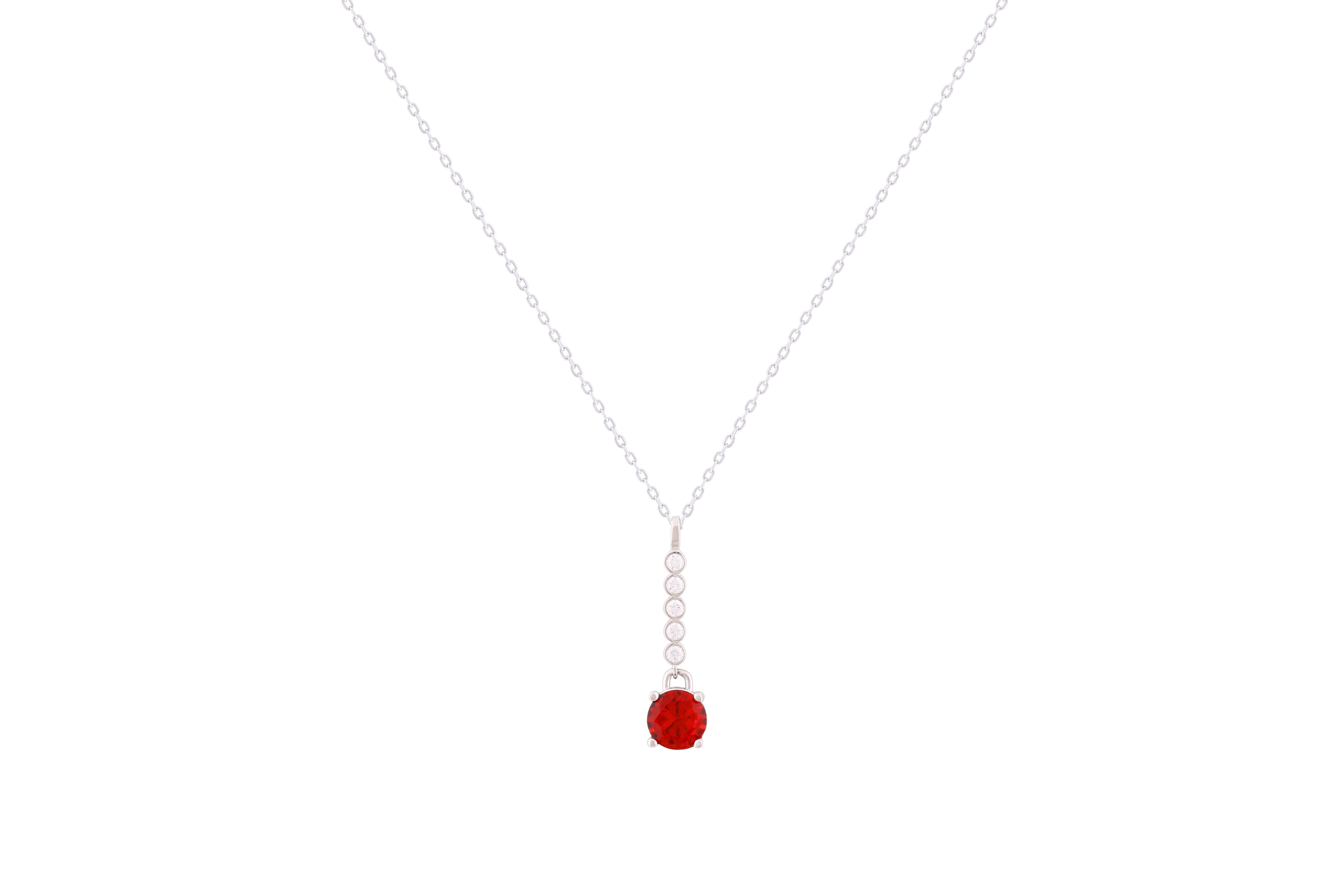 Asfour Crystal Chain Necklace With Ruby Round Zircon Pendant In 925 Sterling Silver-ND0299-R