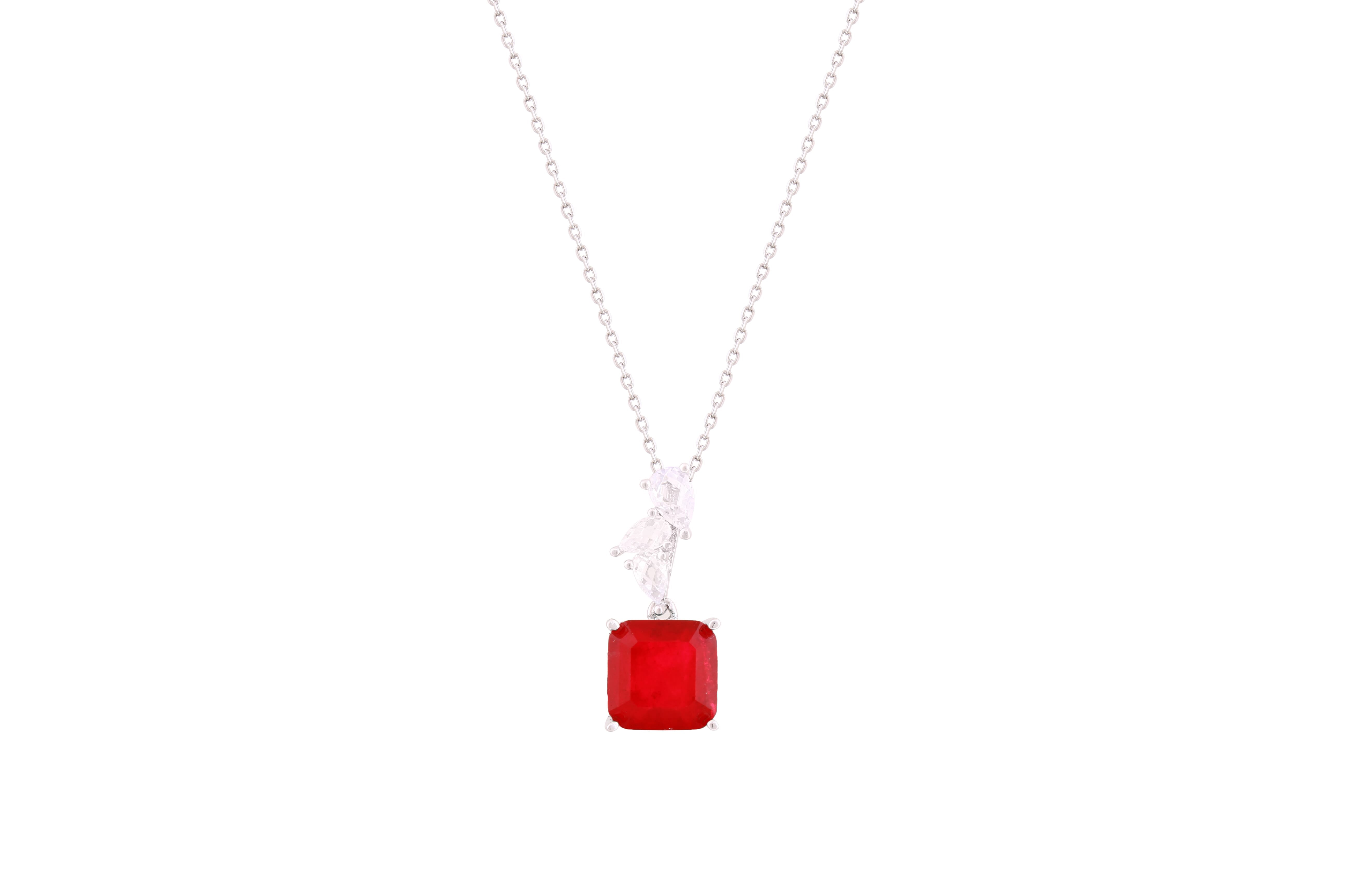 Asfour Crystal Chain Necklace With Fuchsia Square Pendant In 925 Sterling Silver-ND0300-F