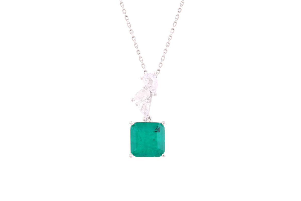 Asfour Crystal Chain Necklace With Emerald Square Pendant In 925 Sterling Silver-ND0300-G