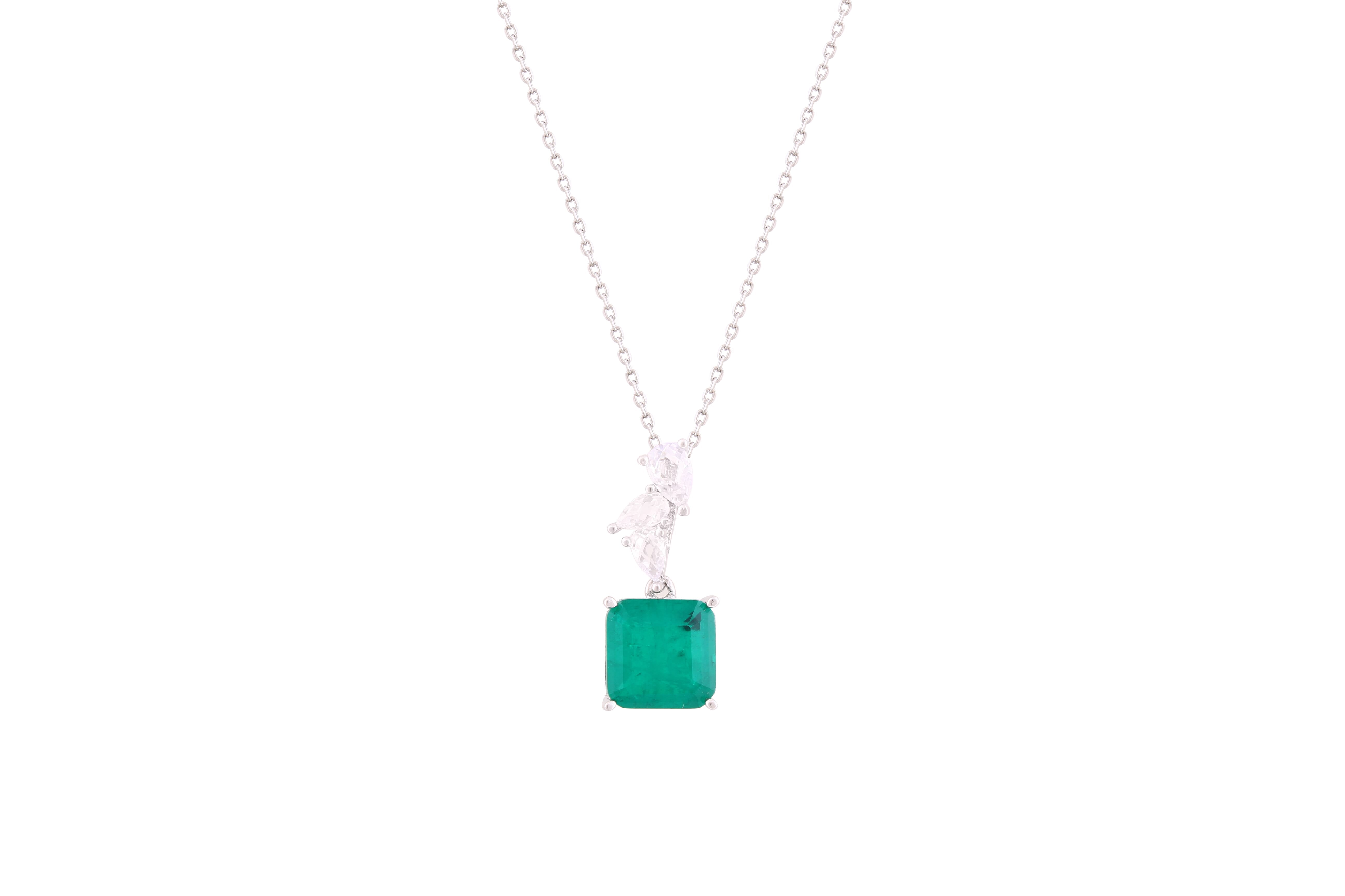 Asfour Crystal Chain Necklace With Emerald Square Pendant In 925 Sterling Silver-ND0300-G