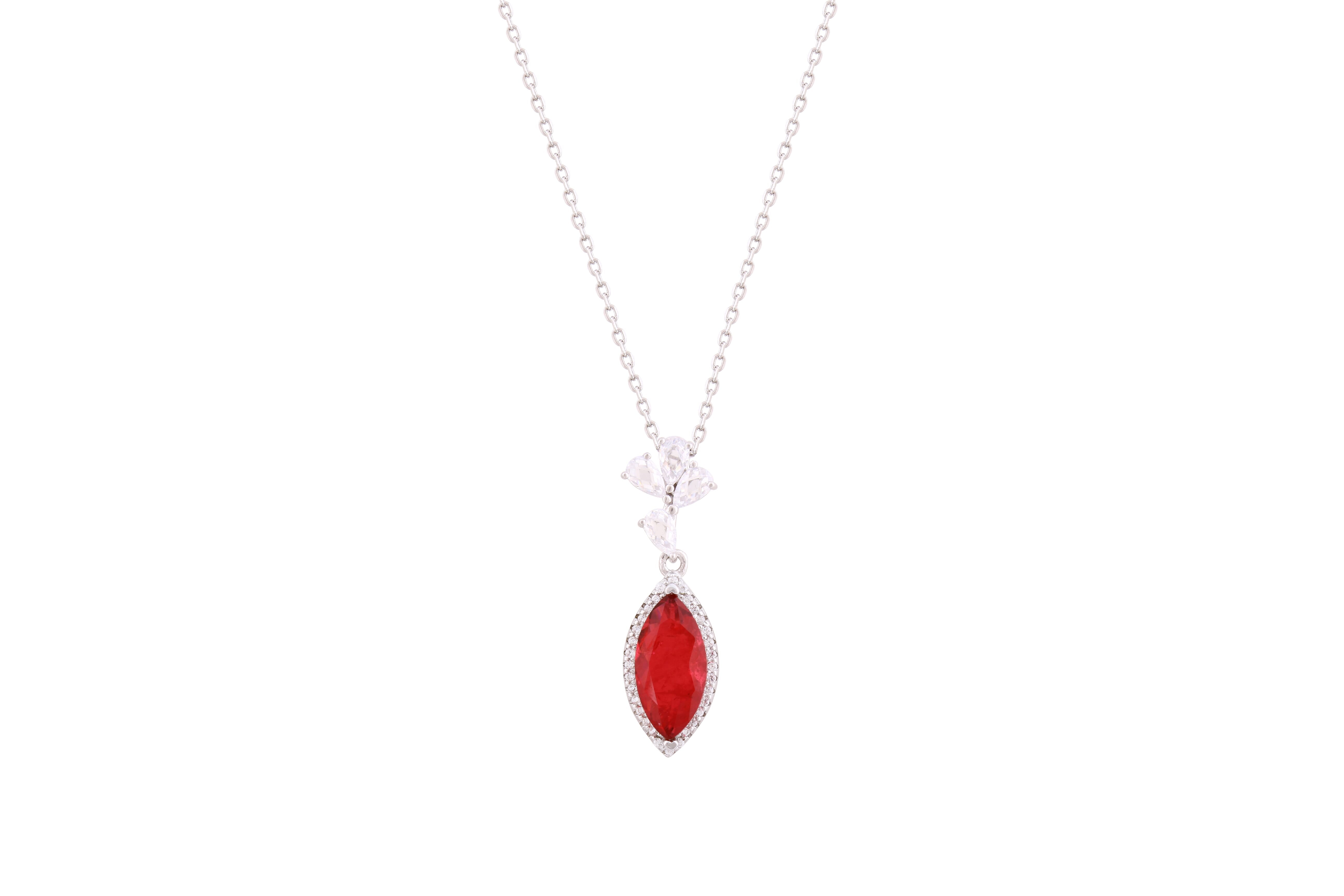 Asfour Crystal Chain Necklace With Decorative Ruby Marquise Pendant In 925 Sterling Silver-ND0302-F