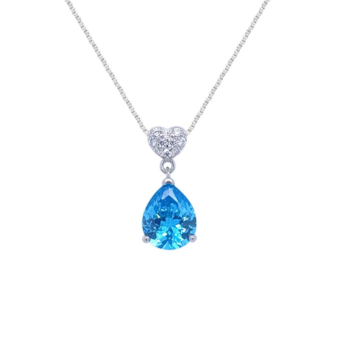 Asfour Crystal Chain Necklace With Aquamarine Pear Pendant In 925 Sterling Silver-ND0318-M