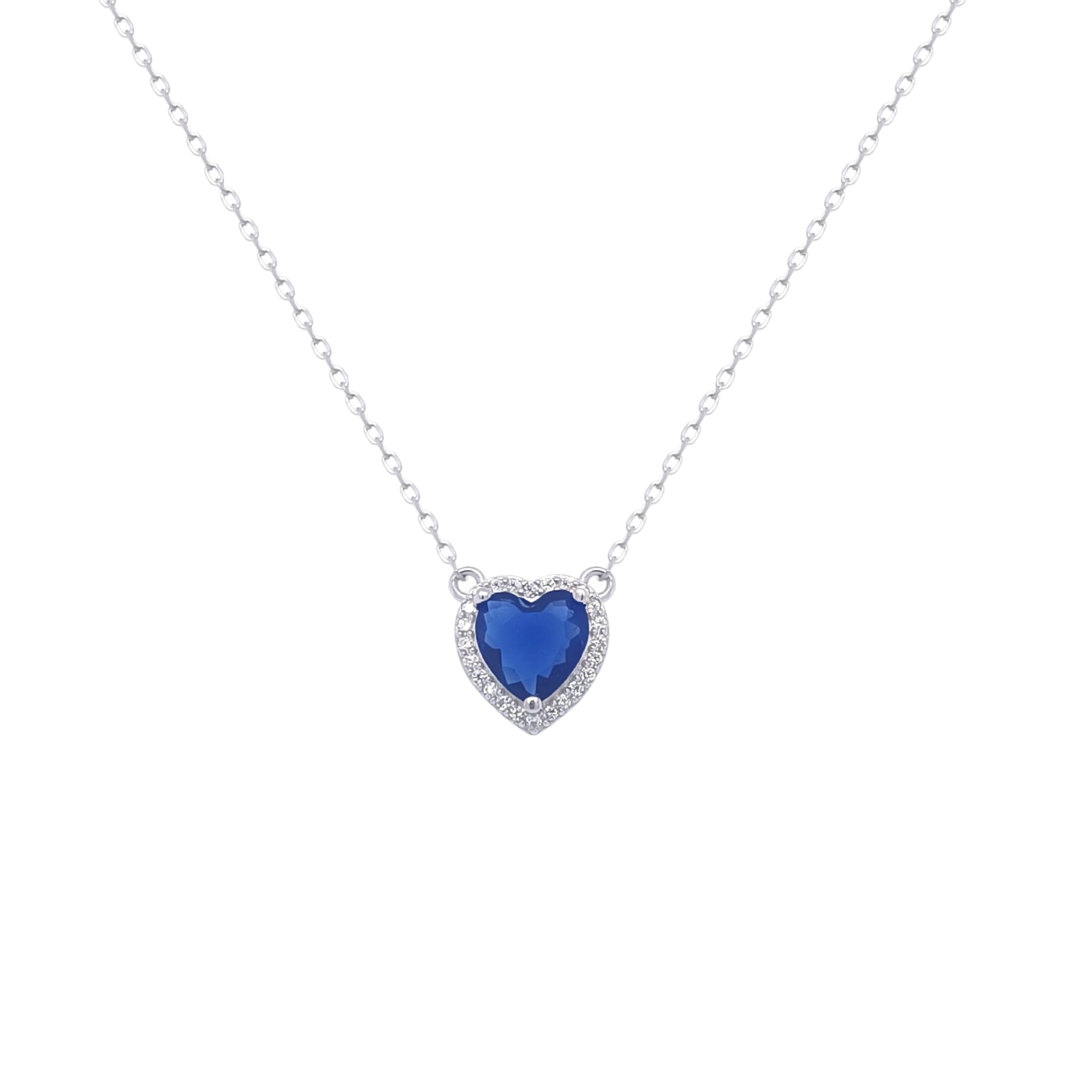 Asfour Crystal Chain Necklace With Halo Blue Heart Pendant In 925 Sterling Silver-ND0319-B
