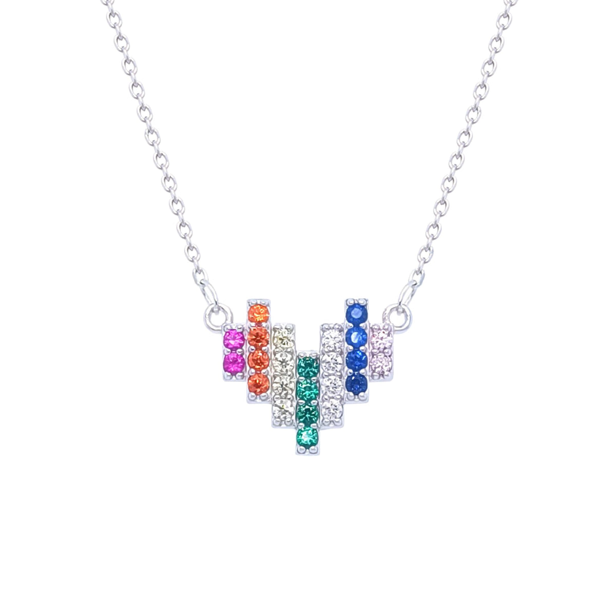 Asfour Crystal Chain Necklace With Multi Color Heart Pendant In 925 Sterling Silver-ND0320-K