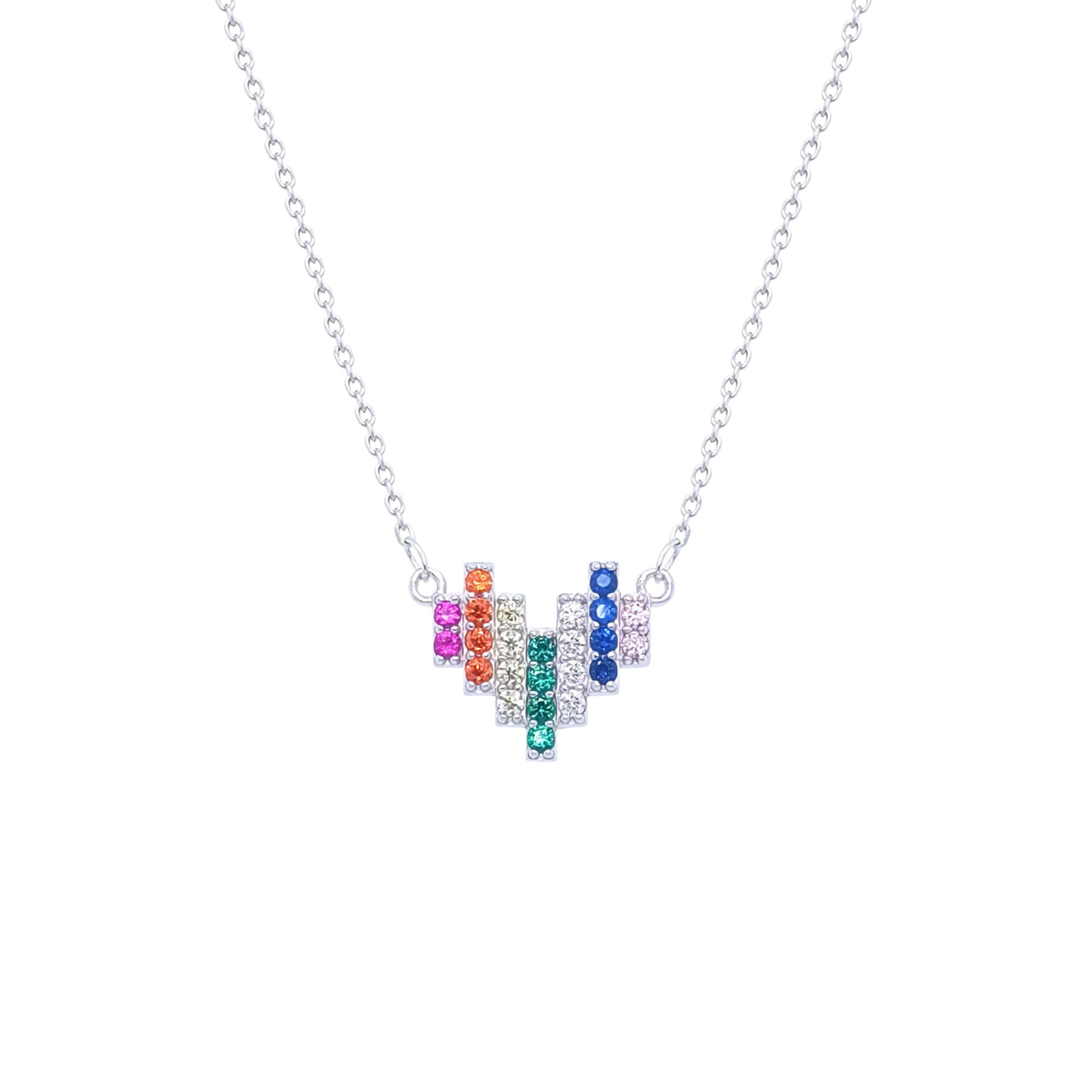 Asfour Crystal Chain Necklace With Multi Color Heart Pendant In 925 Sterling Silver-ND0320-K