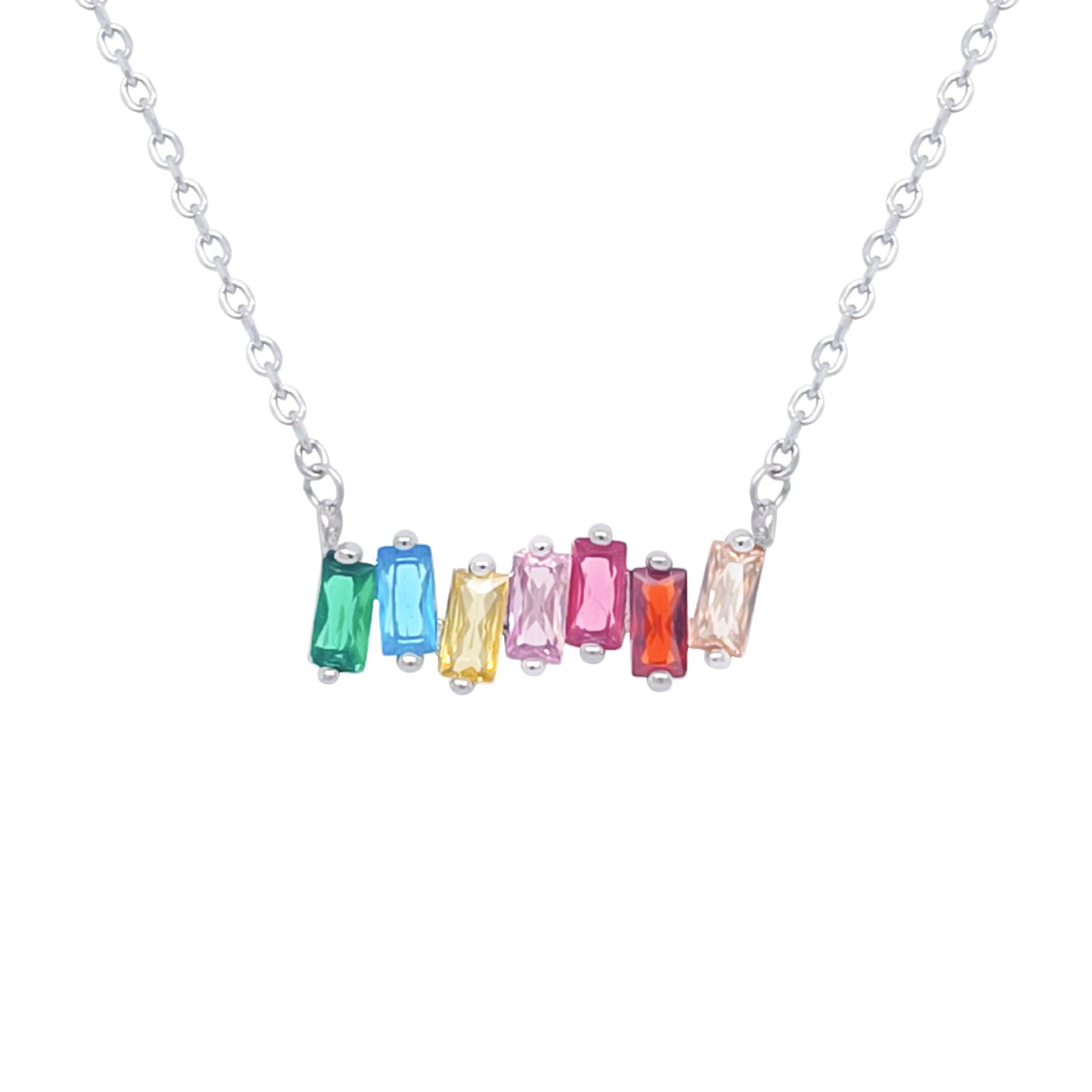 Asfour Crystal Chain Necklace With Multi Color Baguette Pendant In 925 Sterling Silver-ND0323-K