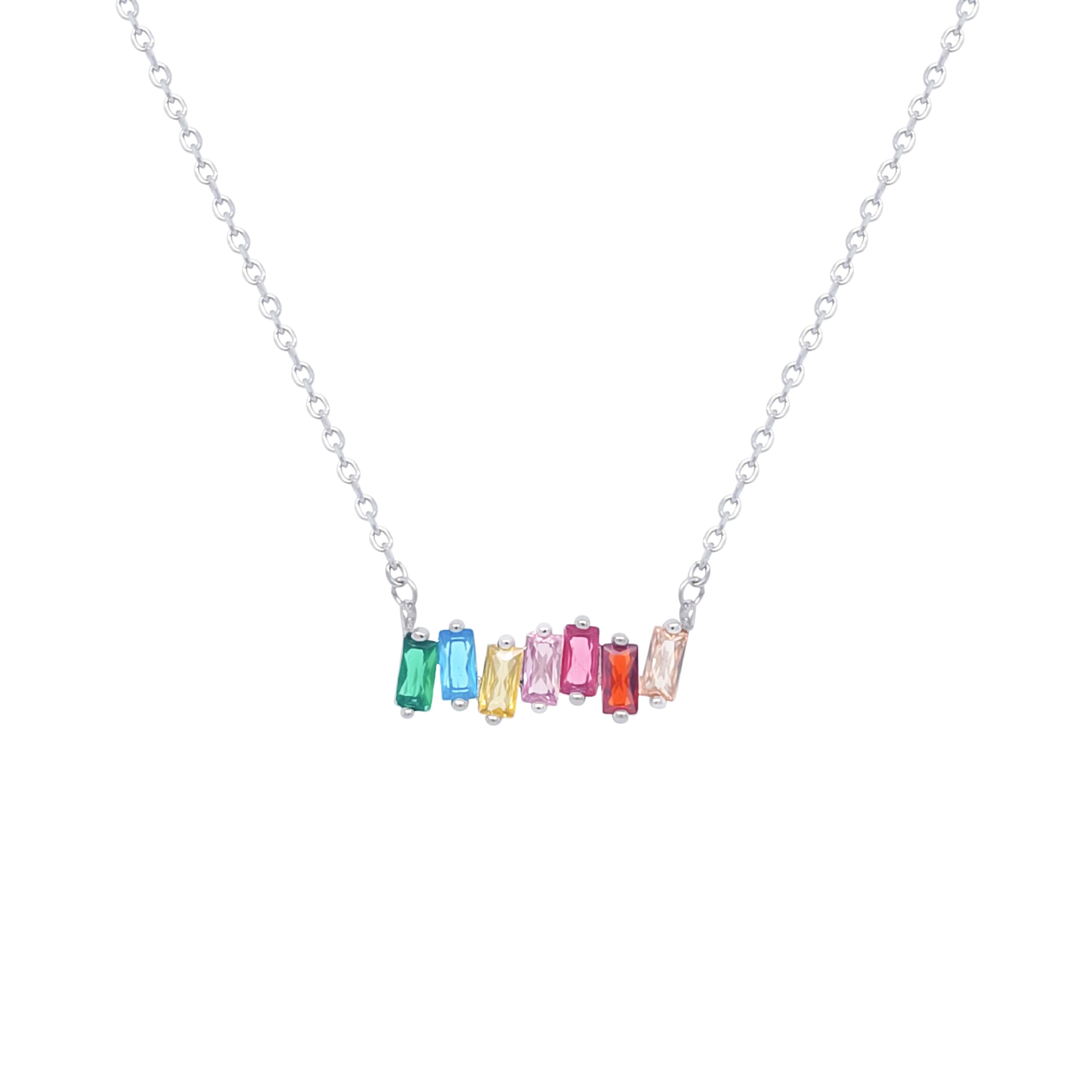 Asfour Crystal Chain Necklace With Multi Color Baguette Pendant In 925 Sterling Silver-ND0323-K