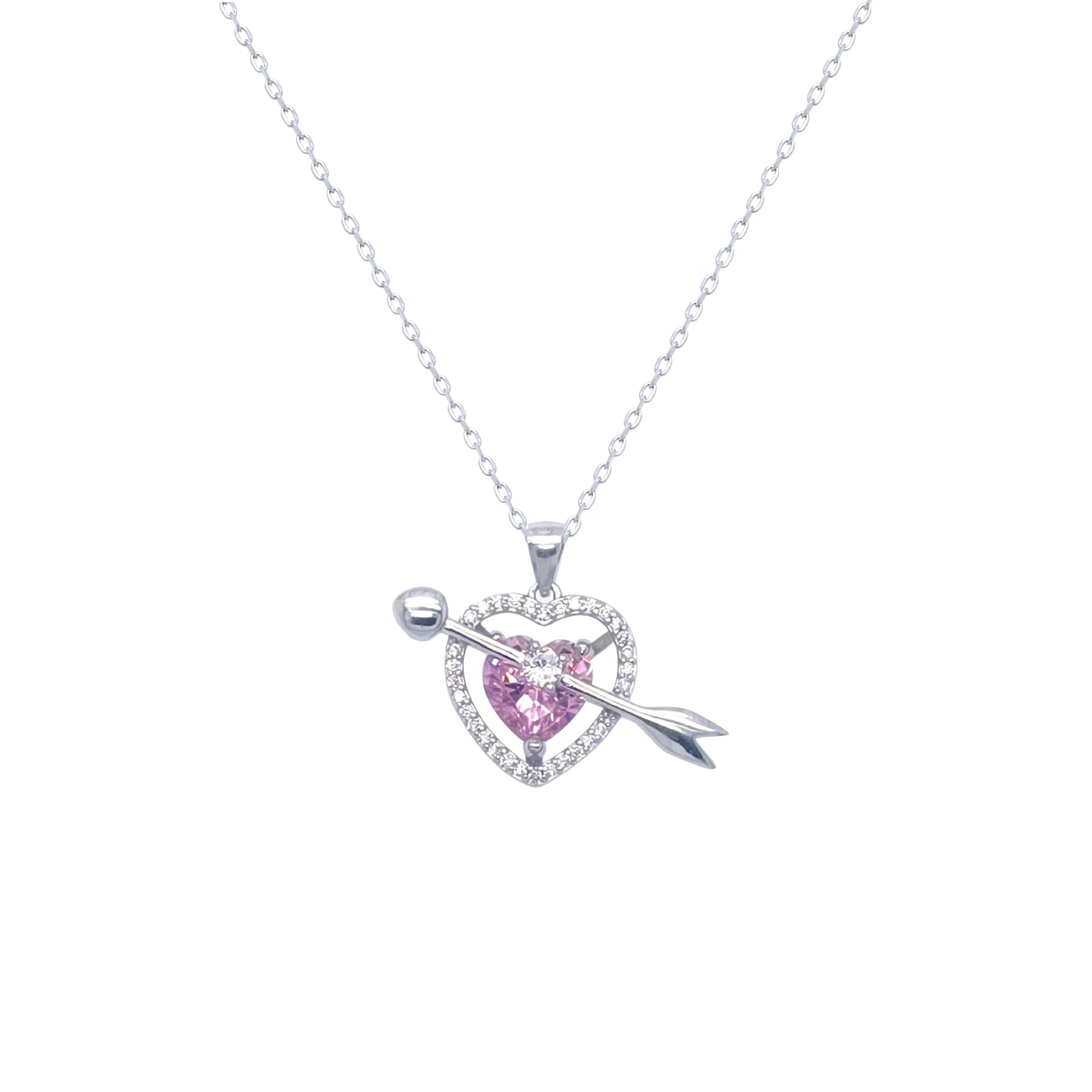 Asfour Crystal Chain Necklace With Heart & Arrow Pendant In 925 Sterling Silver-ND0329-WO