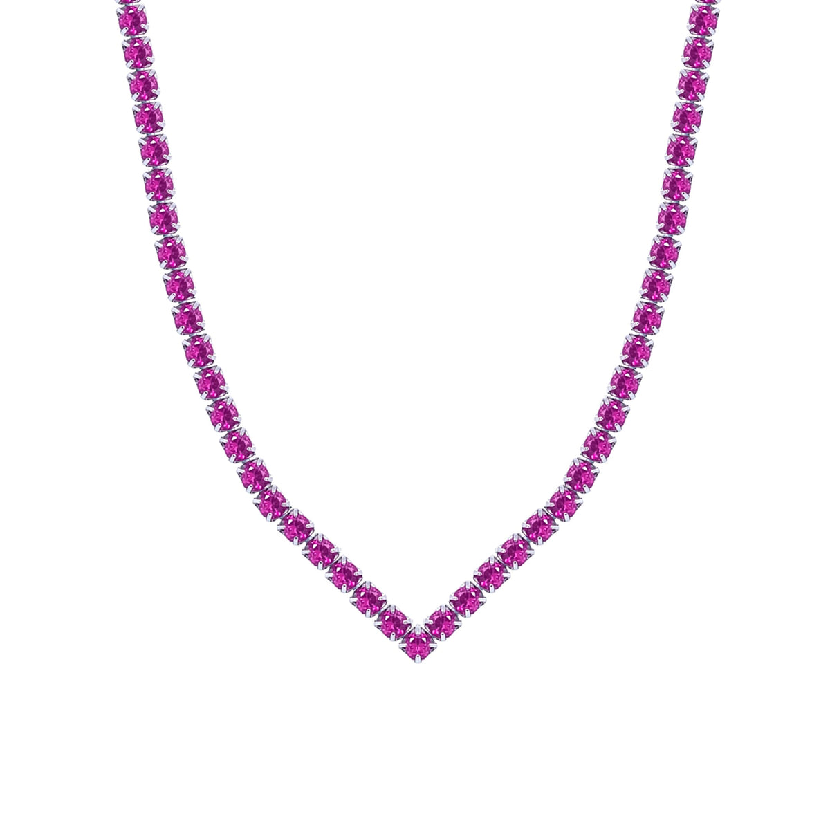 Asfour Crystal Tennis Necklace With Fuchsia Round Zircon In 925 Sterling Silver-ND0338-F