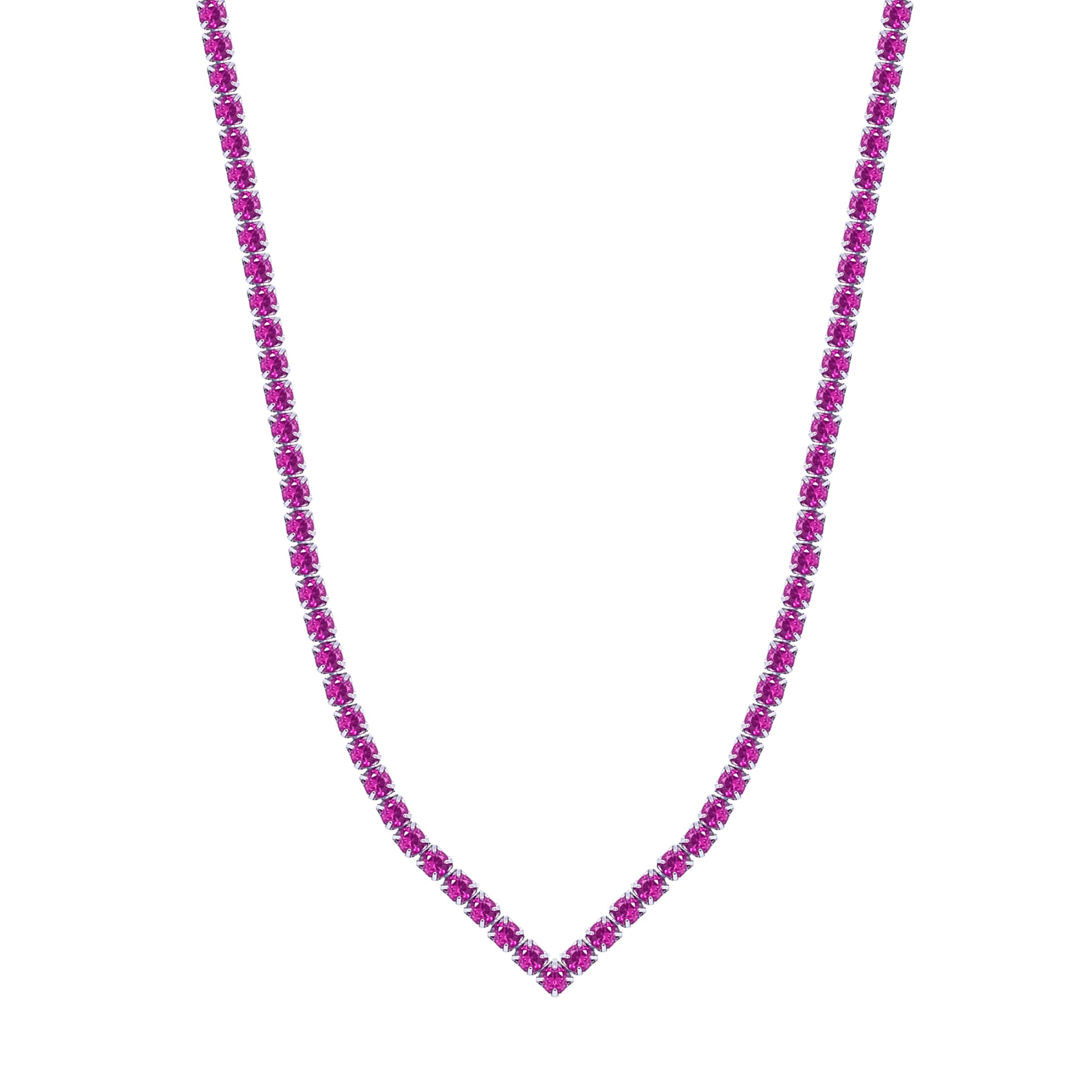 Asfour Crystal Tennis Necklace With Fuchsia Round Zircon In 925 Sterling Silver-ND0338-F