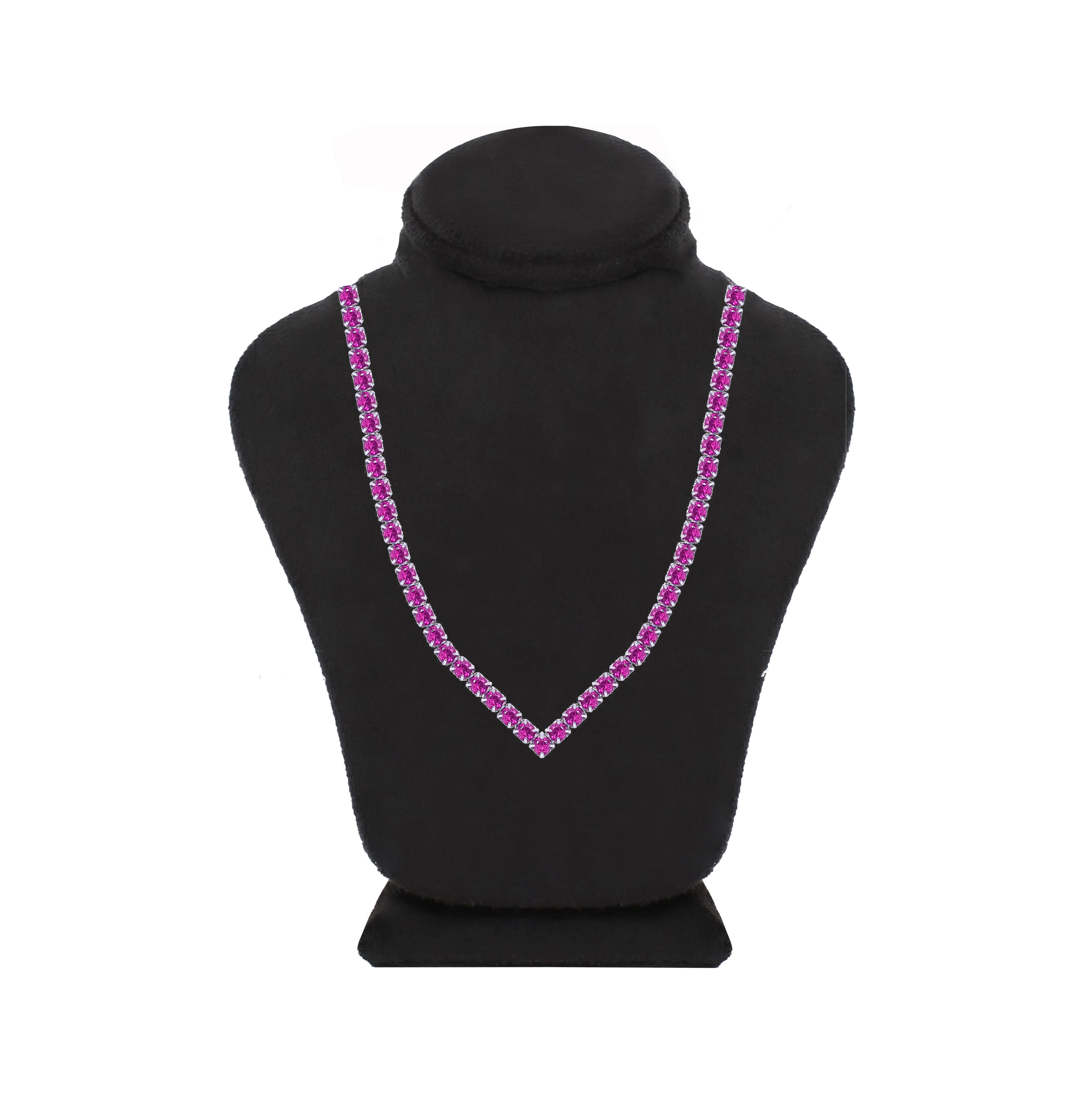 Asfour Crystal Tennis Necklace With Fuchsia Round Zircon In 925 Sterling Silver-ND0338-F