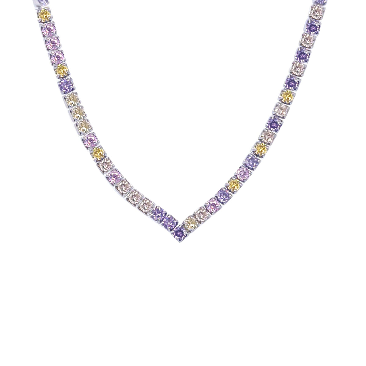 Asfour Crystal Tennis Necklace With Multi Color Round Zircon In 925 Sterling Silver-ND0338-K