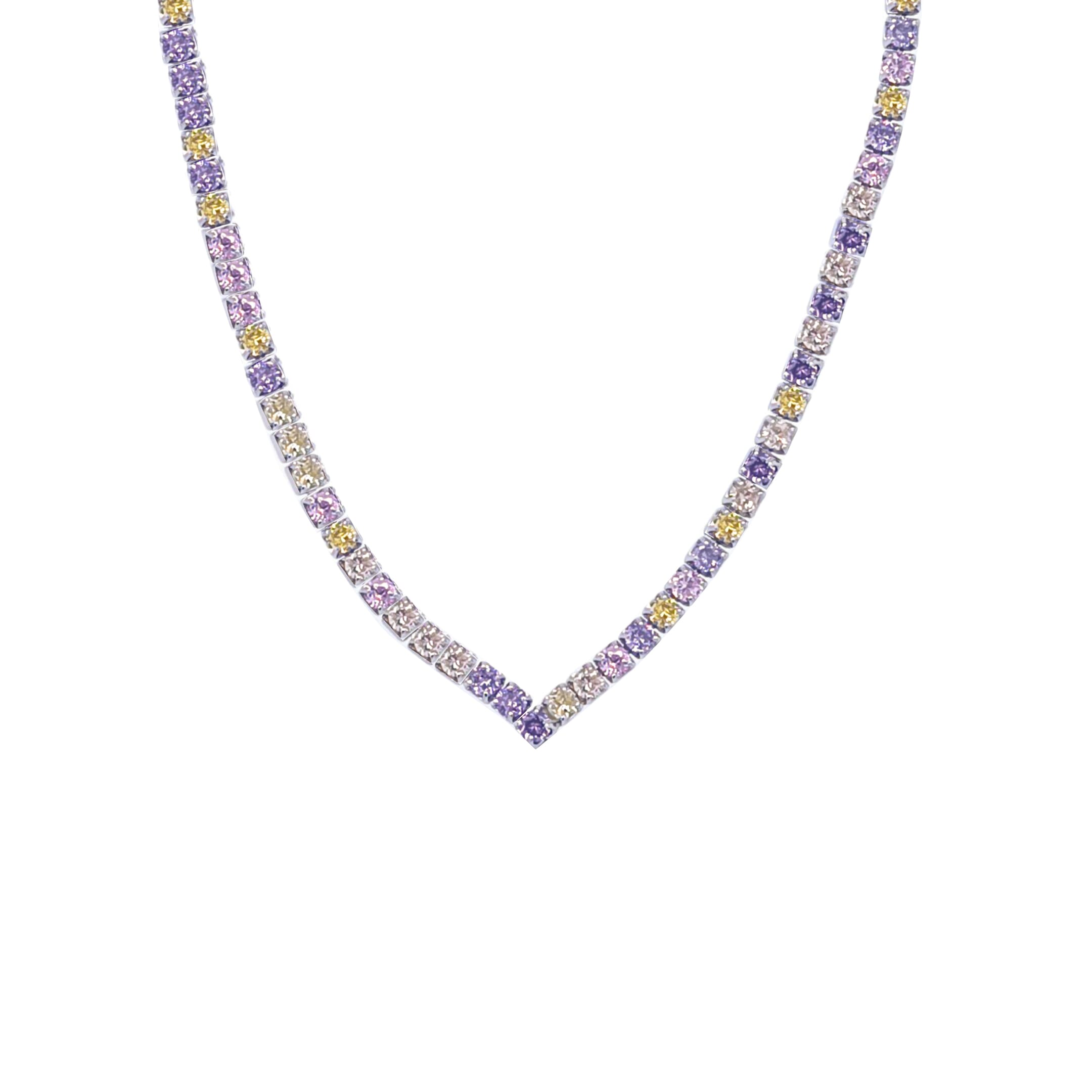 Asfour Crystal Tennis Necklace With Multi Color Round Zircon In 925 Sterling Silver-ND0338-K