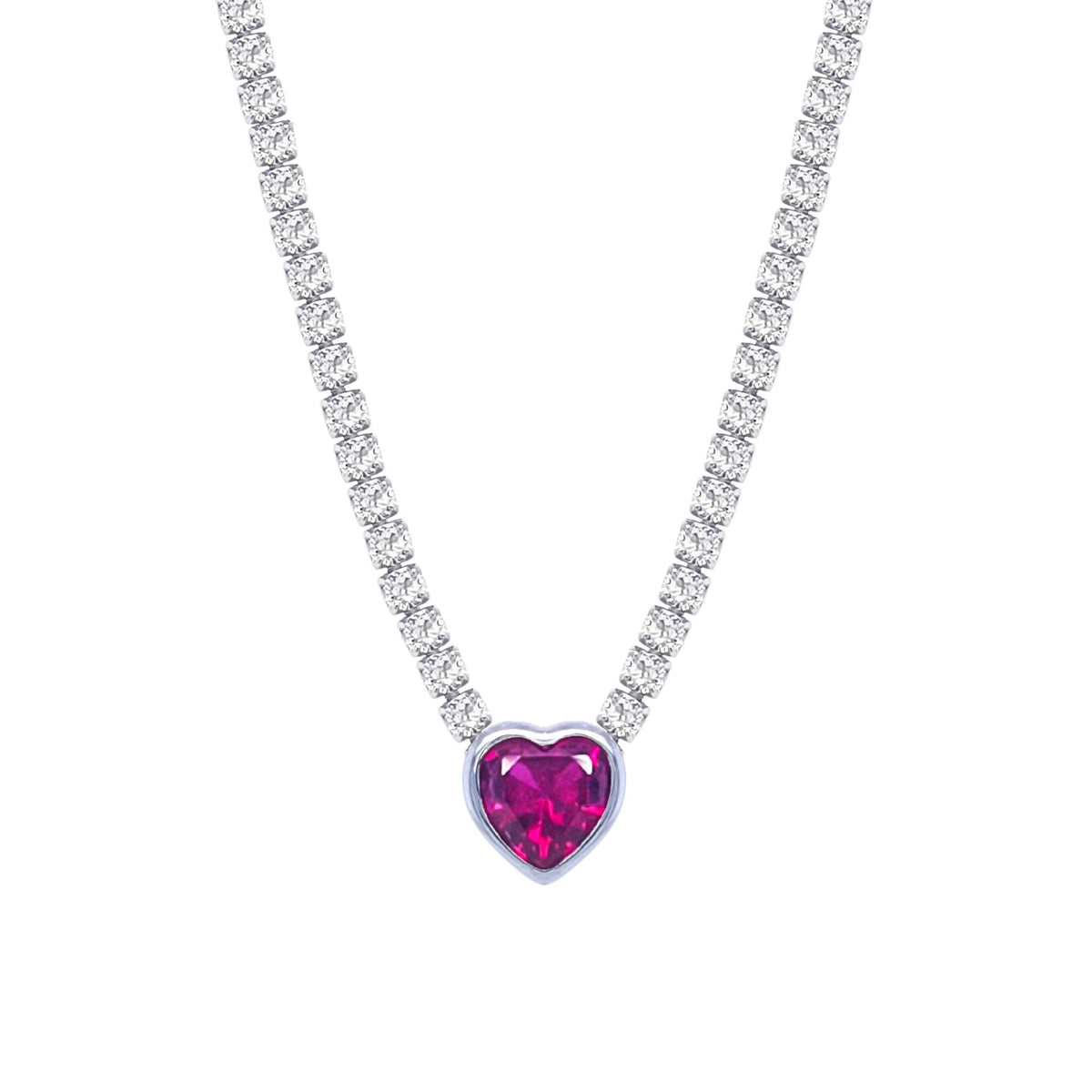 Asfour Crystal Tennis Necklace With Fuchsia Heart In 925 Sterling Silver-ND0343-WF