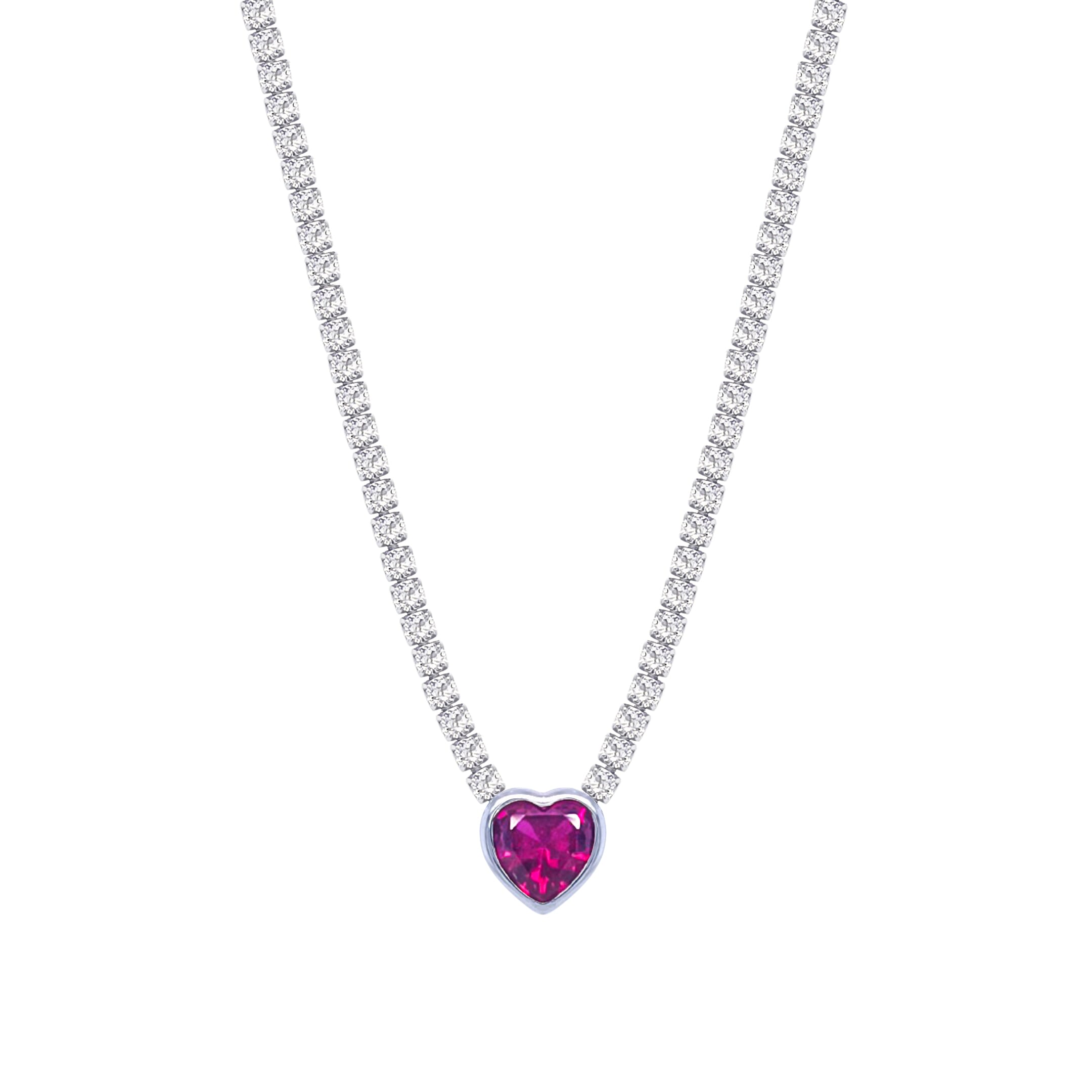 Asfour Crystal Tennis Necklace With Fuchsia Heart In 925 Sterling Silver-ND0343-WF