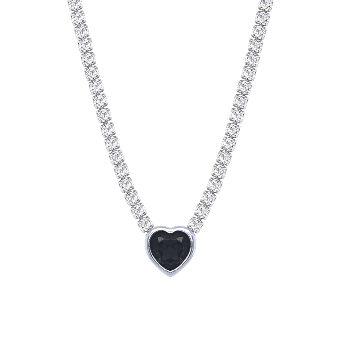 Asfour Crystal Tennis Necklace With Black Heart In 925 Sterling Silver-ND0343-WP